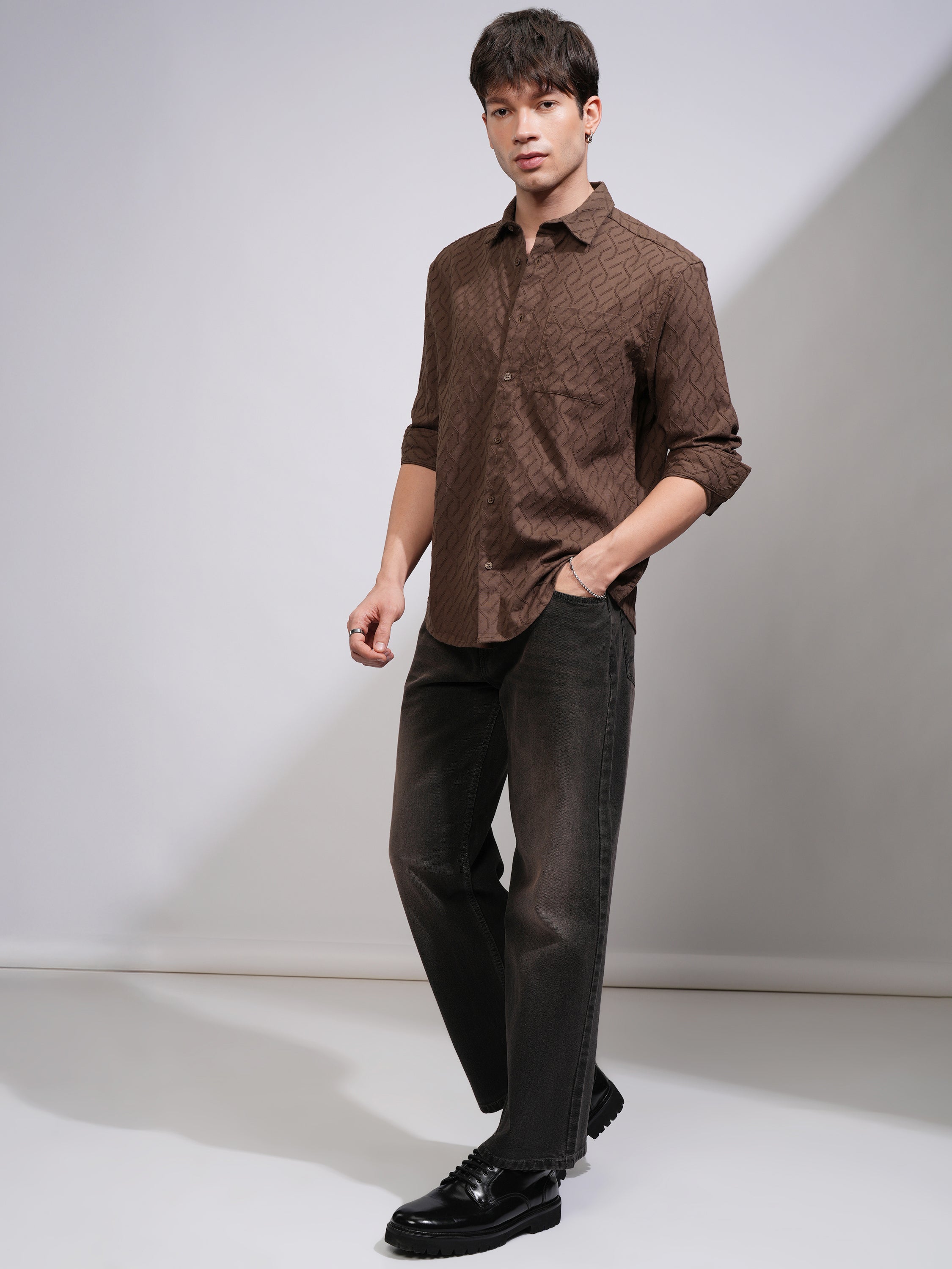 Highlander Men Brown Textured Relaxed Fit Casual Shirt - Brown - Image 2