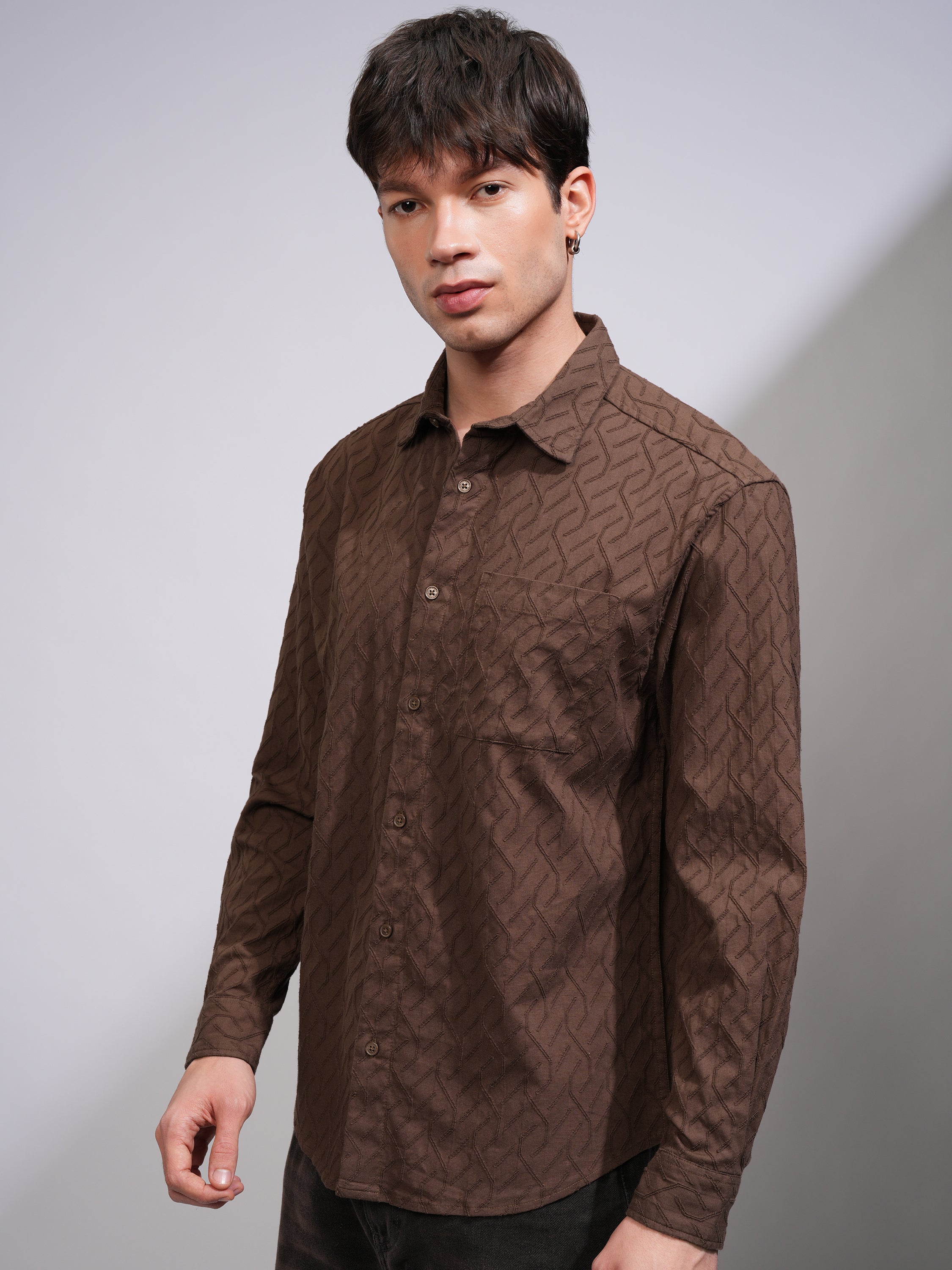Highlander Men Brown Textured Relaxed Fit Casual Shirt - Brown - Image 4