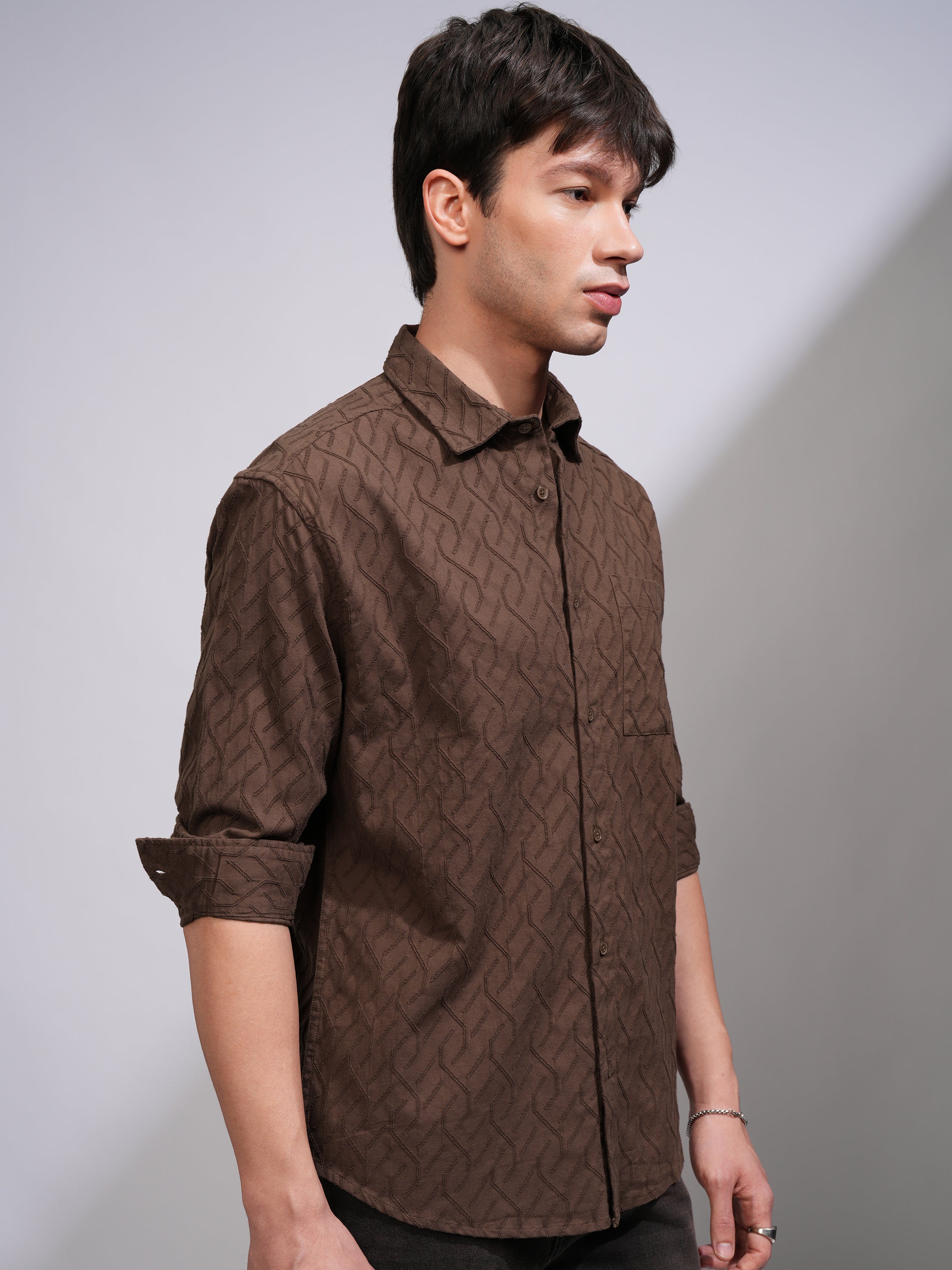 Highlander Men Brown Textured Relaxed Fit Casual Shirt - Brown - Image 6