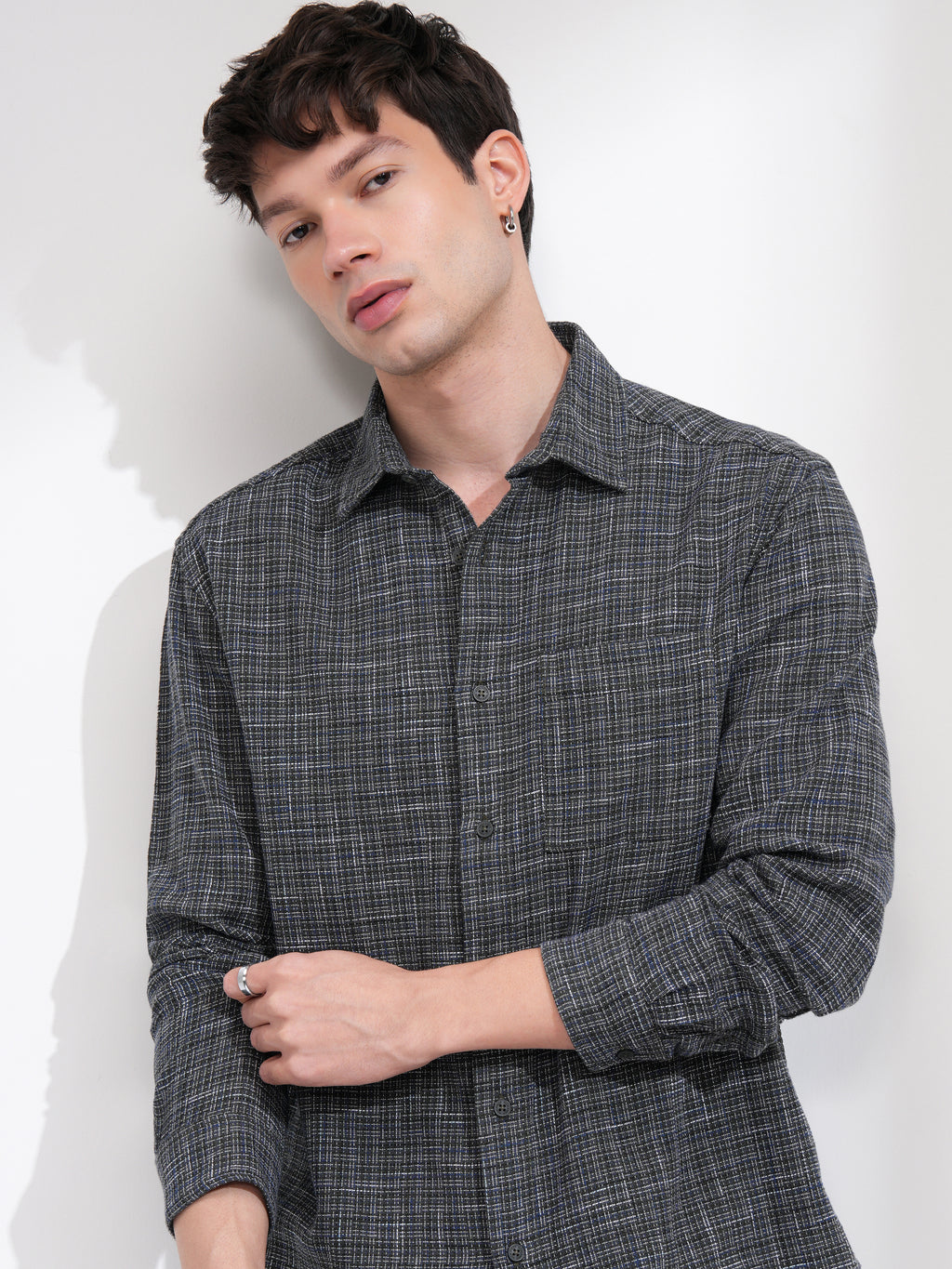 Highlander Men Grey Checked Relaxed Fit Casual Shirt - Grey - Image 1