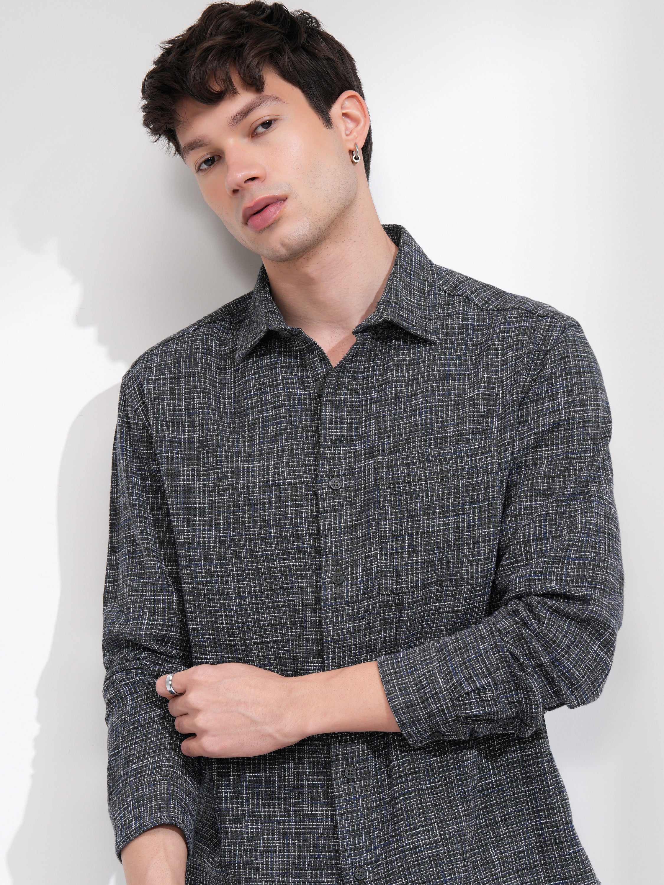 Highlander Men Grey Checked Relaxed Fit Casual Shirt - Grey - Image 1
