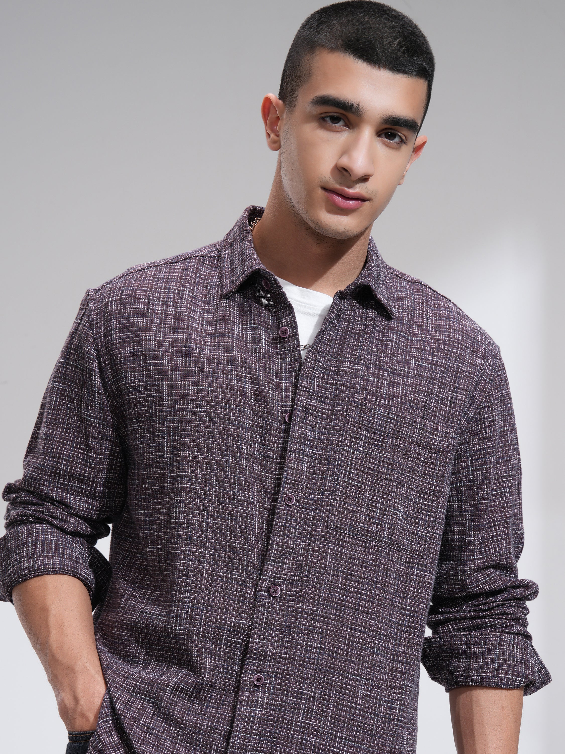 Highlander Men Purple Self Design Relaxed Fit Casual Shirt - Purple - Image 1