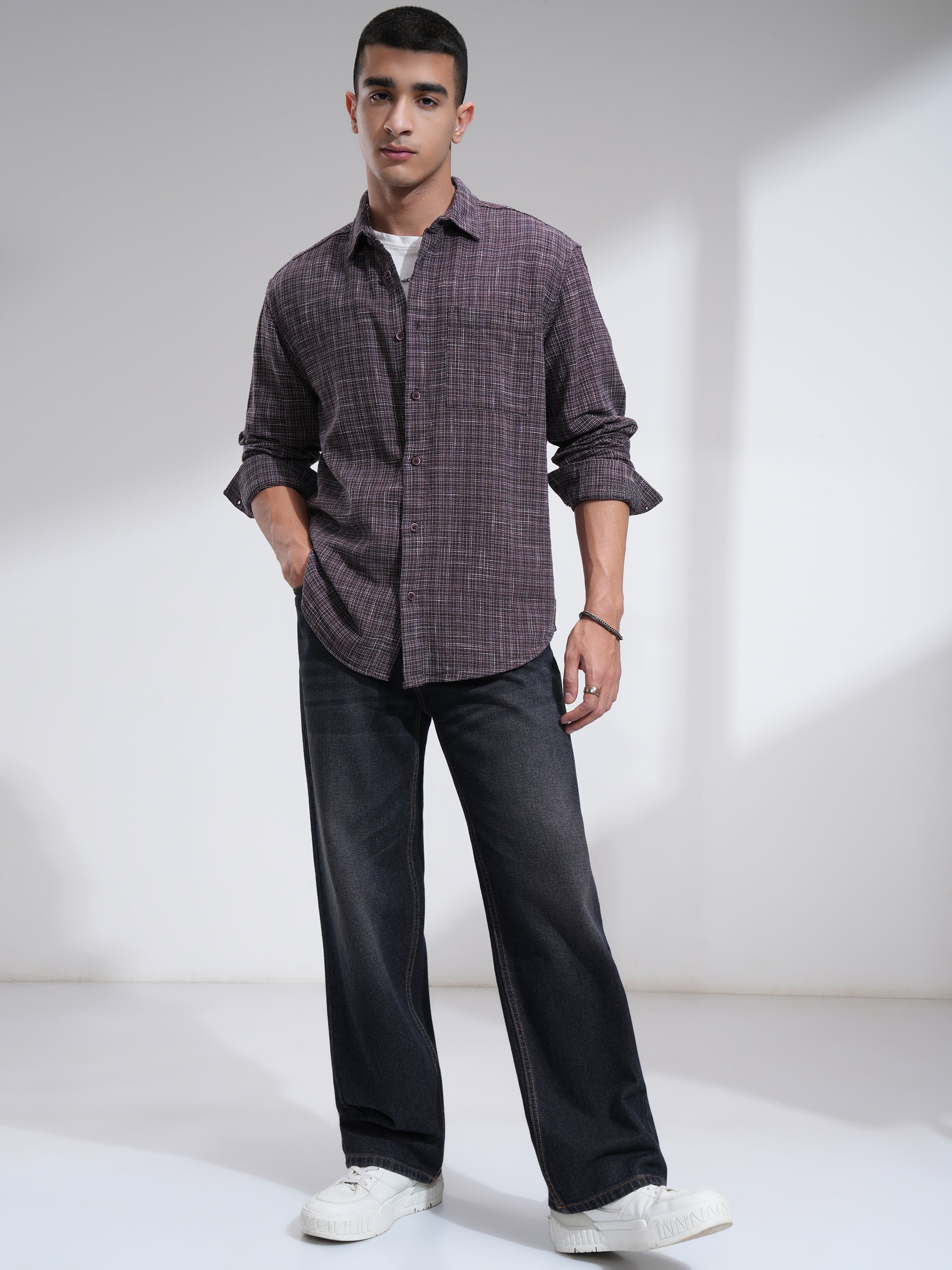 Highlander Men Purple Self Design Relaxed Fit Casual Shirt - Purple - Image 2