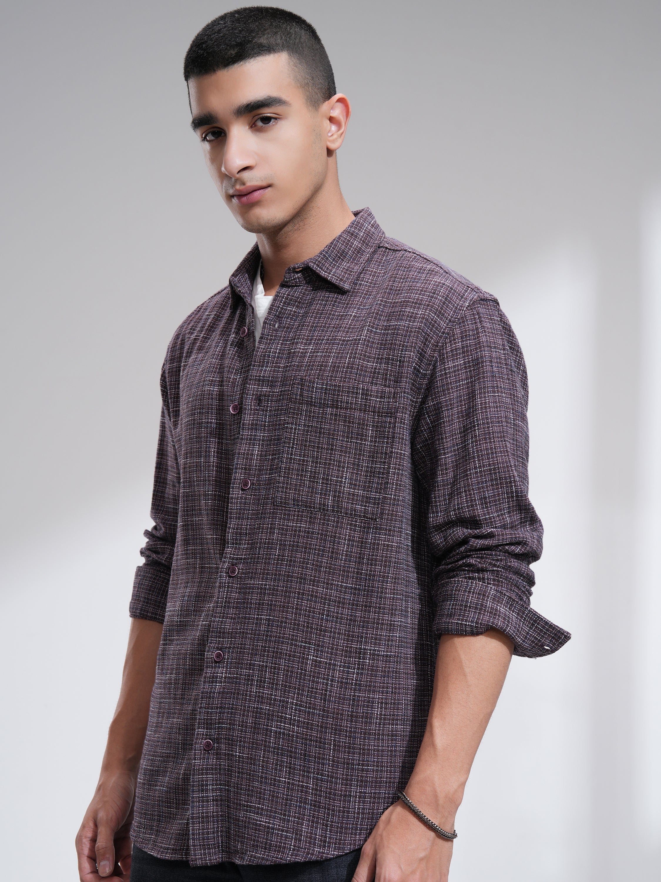 Highlander Men Purple Self Design Relaxed Fit Casual Shirt - Purple - Image 4