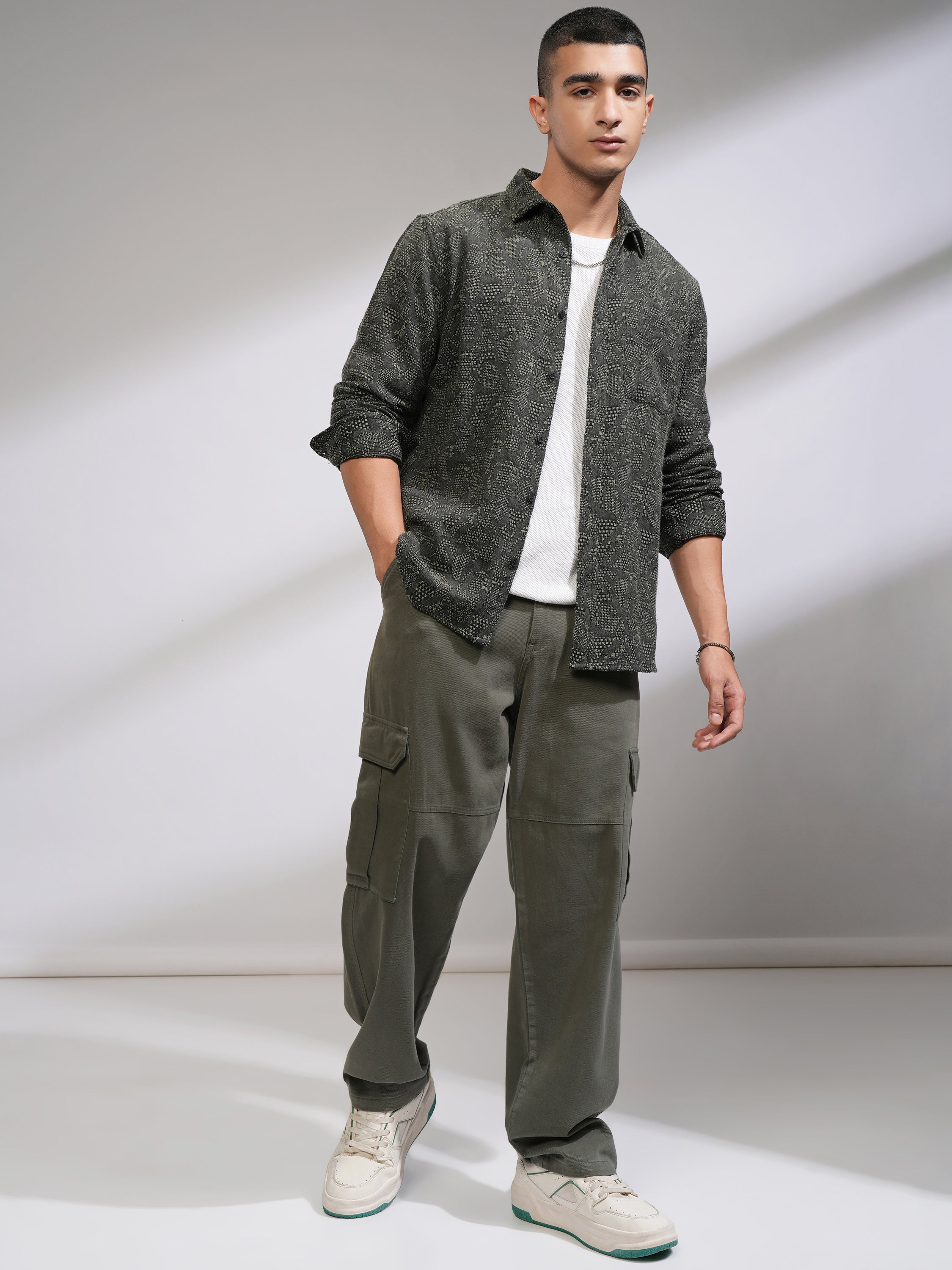 Highlander Men Olive Textured Slim Fit Casual Shirt - Olive - Image 2