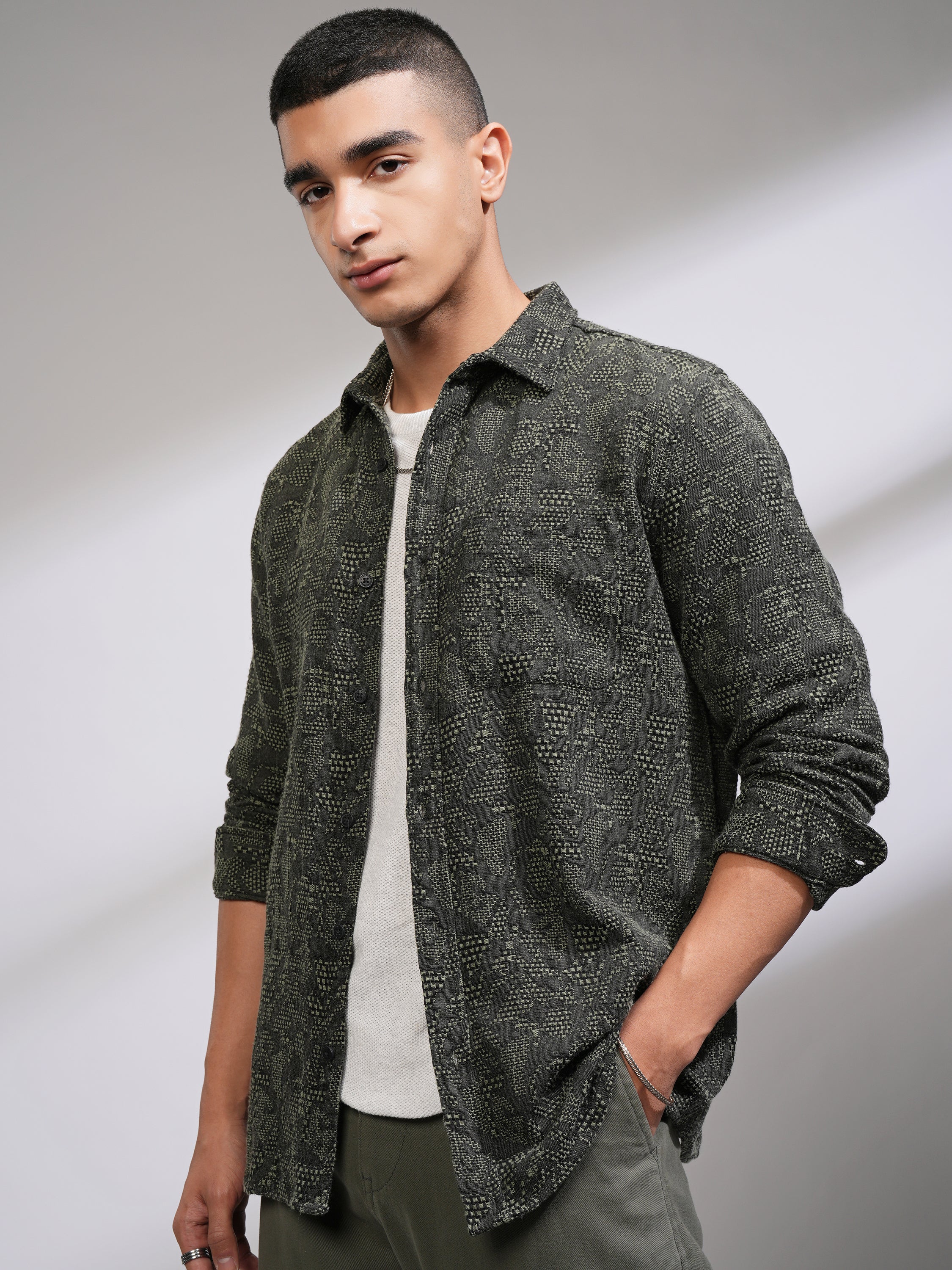 Highlander Men Olive Textured Slim Fit Casual Shirt - Olive - Image 4