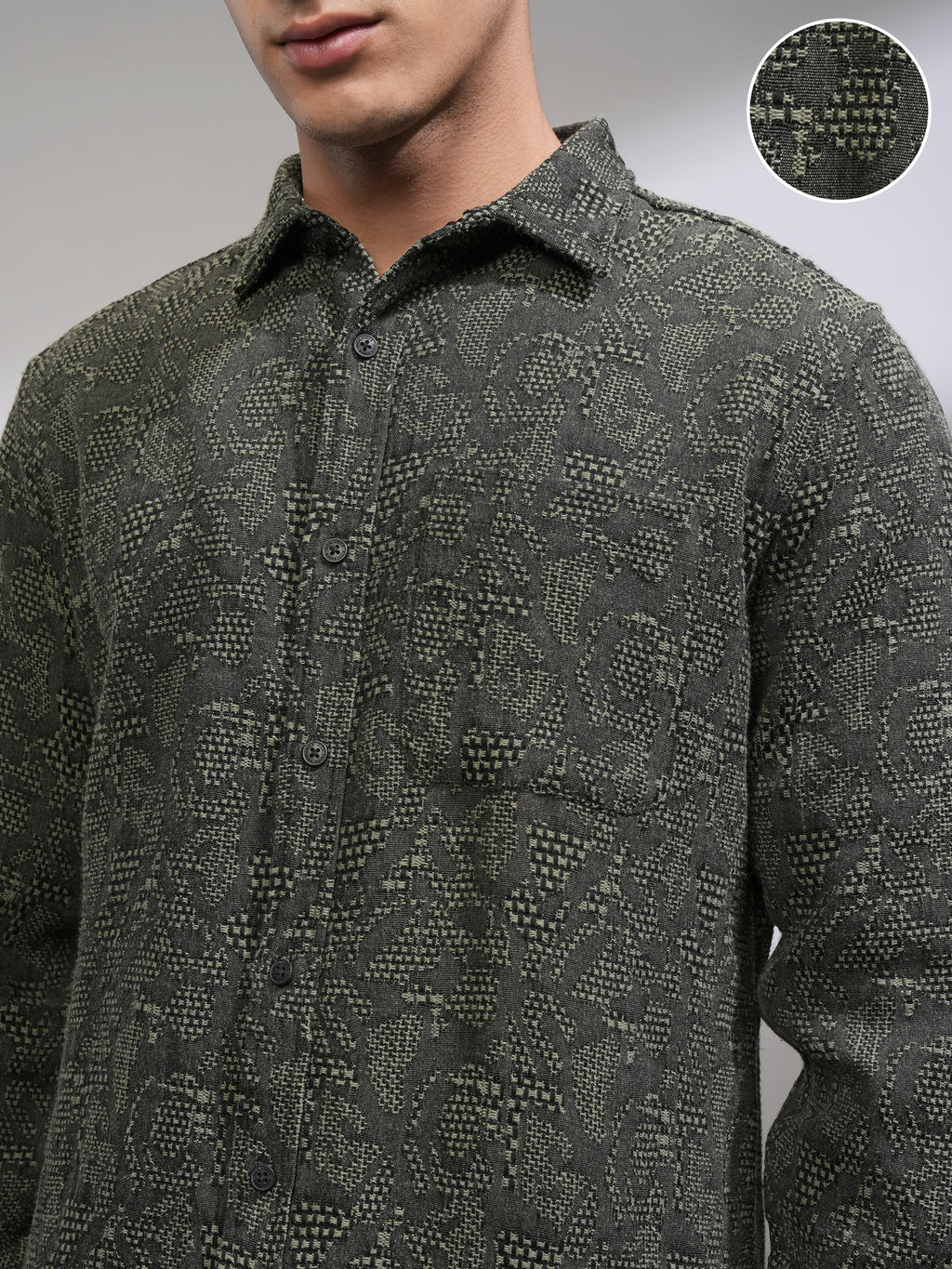 Highlander Men Olive Textured Slim Fit Casual Shirt - Olive - Image 5