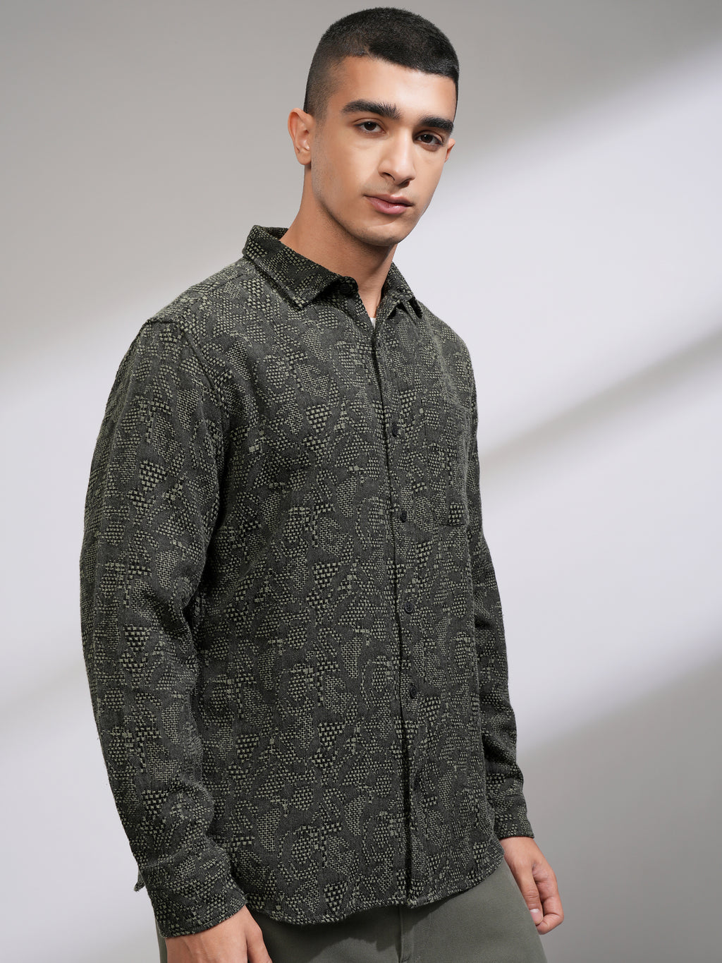 Highlander Men Olive Textured Slim Fit Casual Shirt - Olive - Image 6