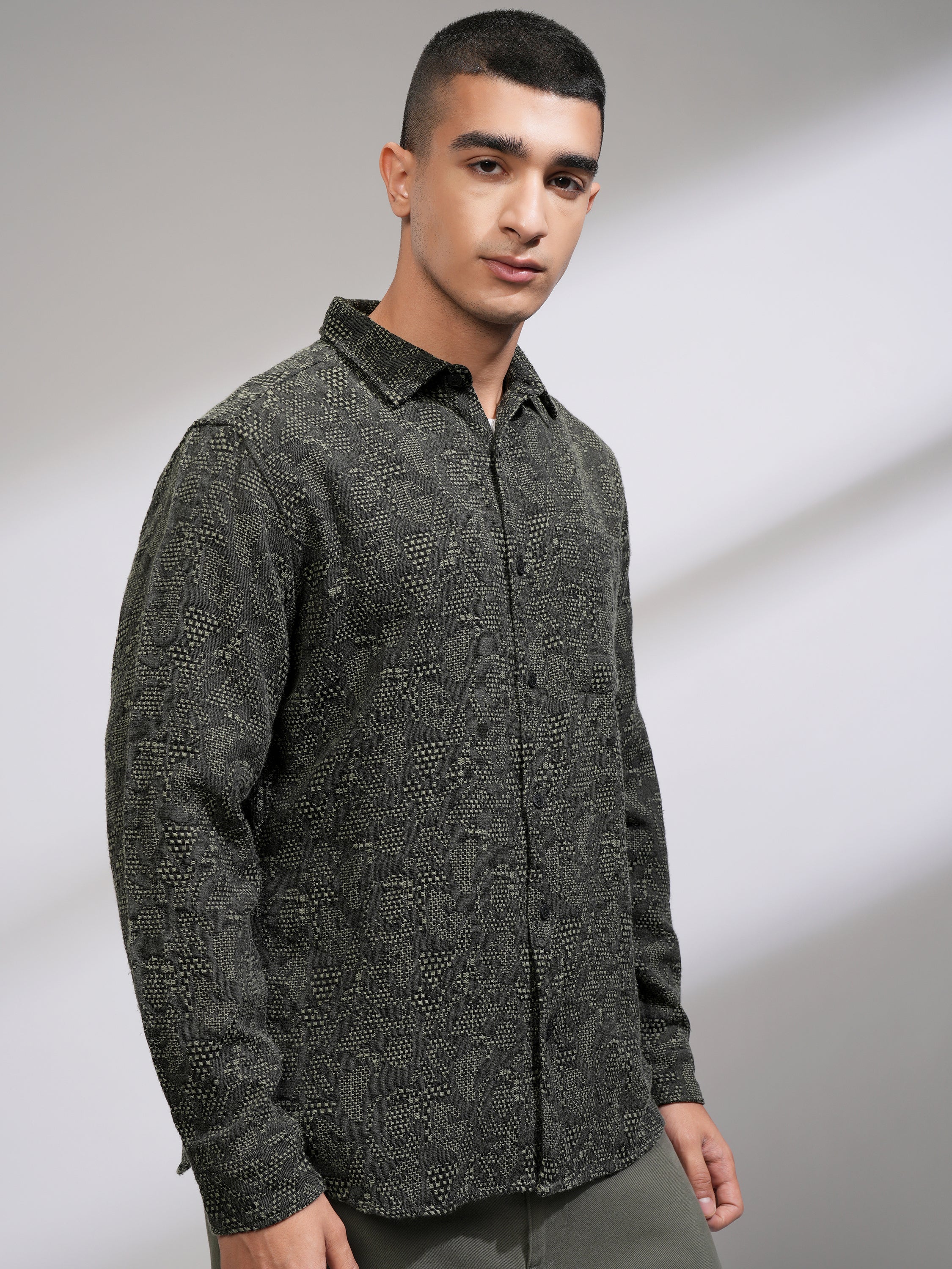 Highlander Men Olive Textured Slim Fit Casual Shirt - Olive - Image 6
