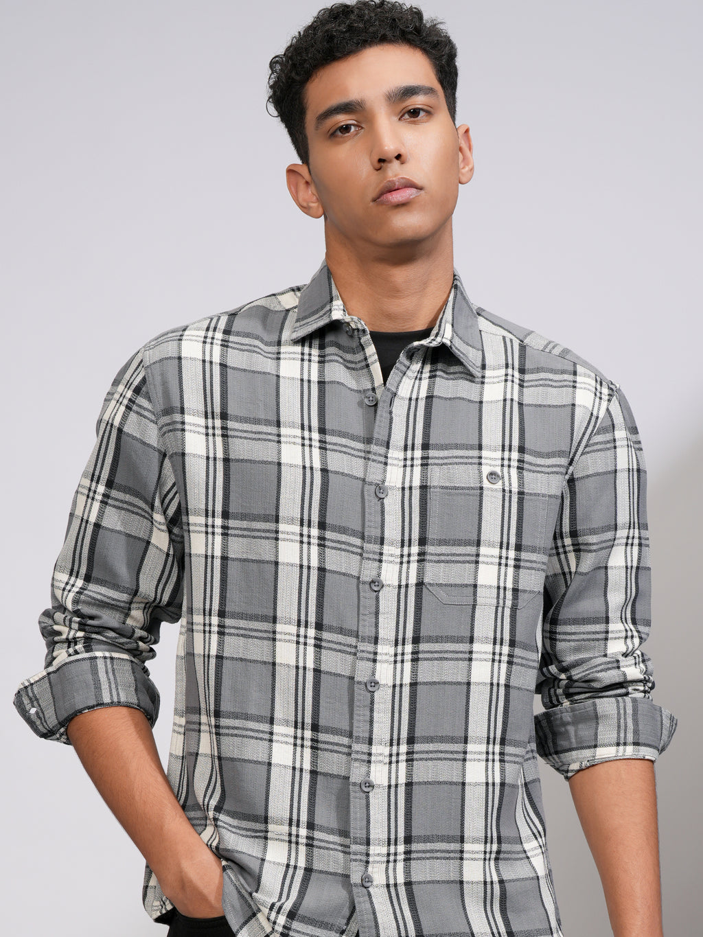 Highlander Men Grey Checked Relaxed Fit Casual Shirt - Grey - Image 1