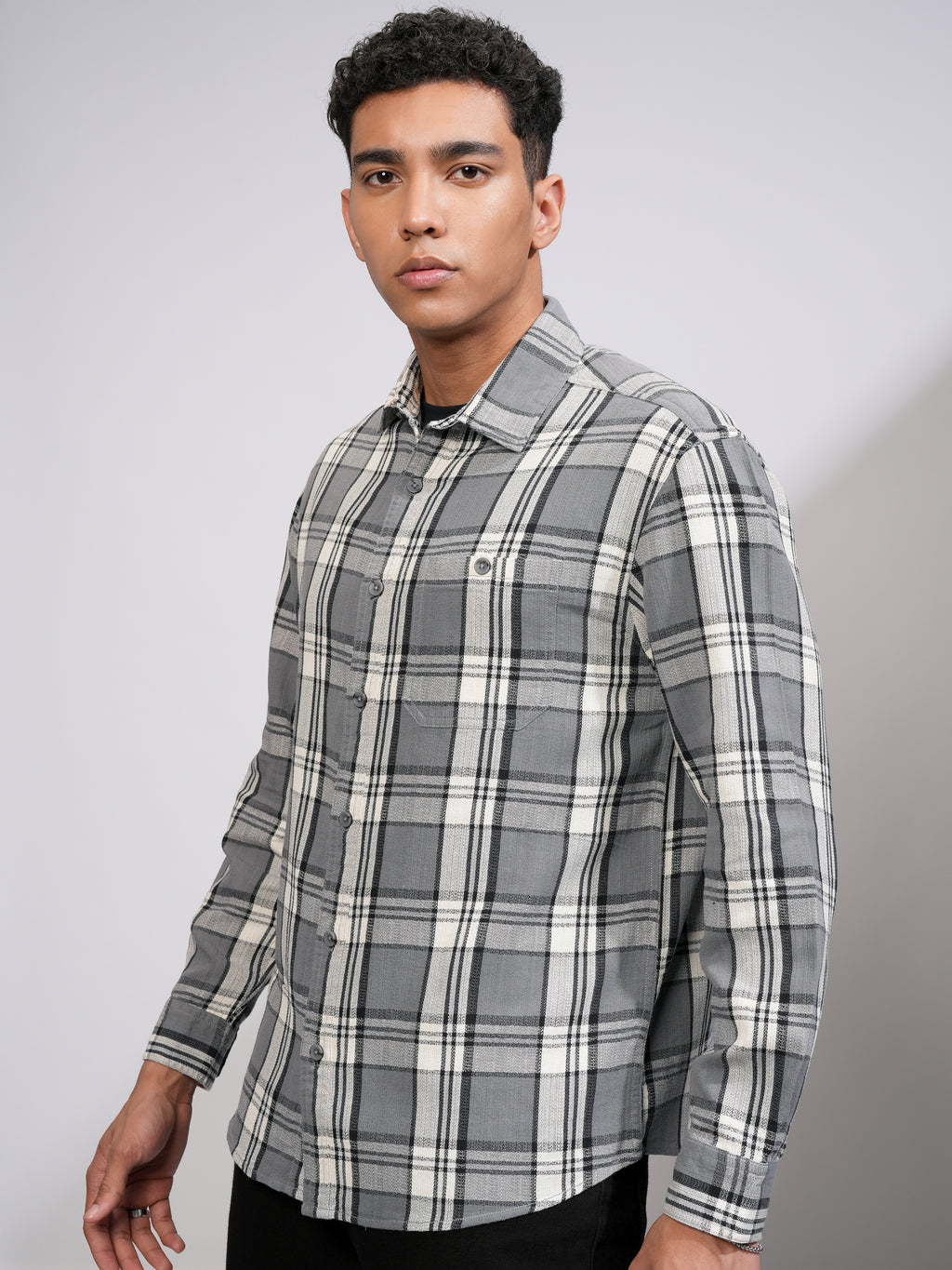 Highlander Men Grey Checked Relaxed Fit Casual Shirt - Grey - Image 4