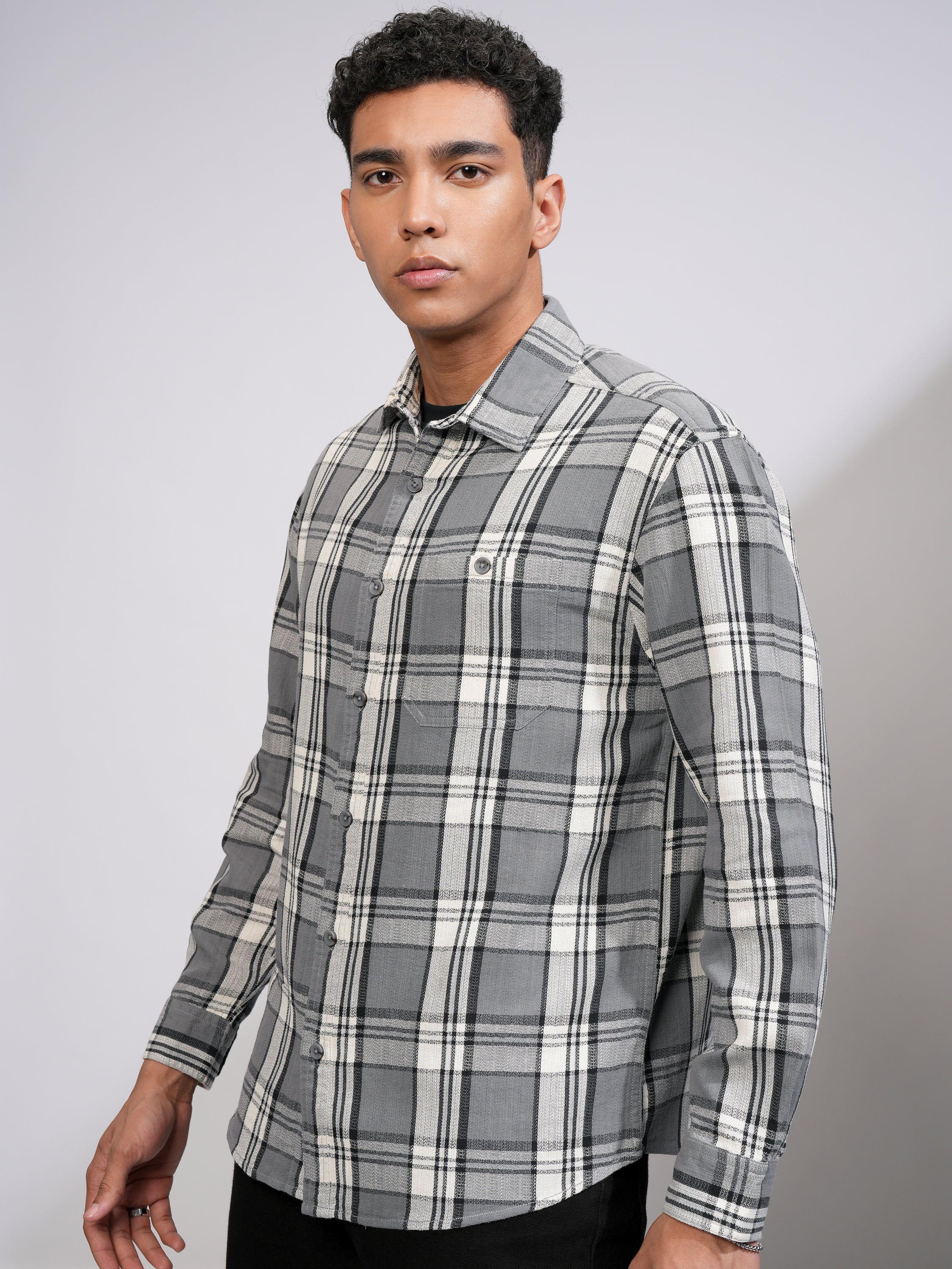 Highlander Men Grey Checked Relaxed Fit Casual Shirt - Grey - Image 4