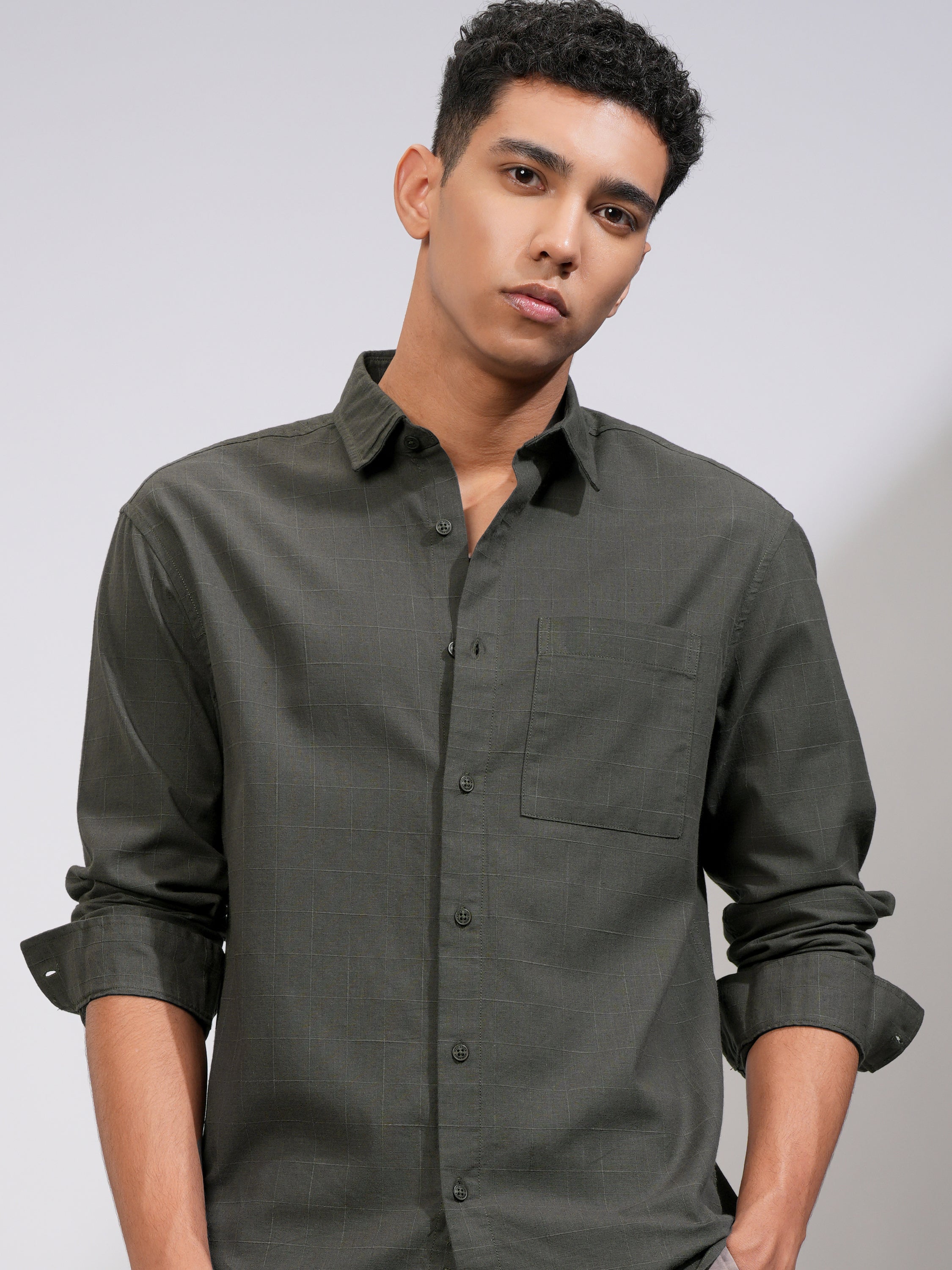 Highlander Men Olive Checked Relaxed Fit Casual Shirt - Olive - Image 1