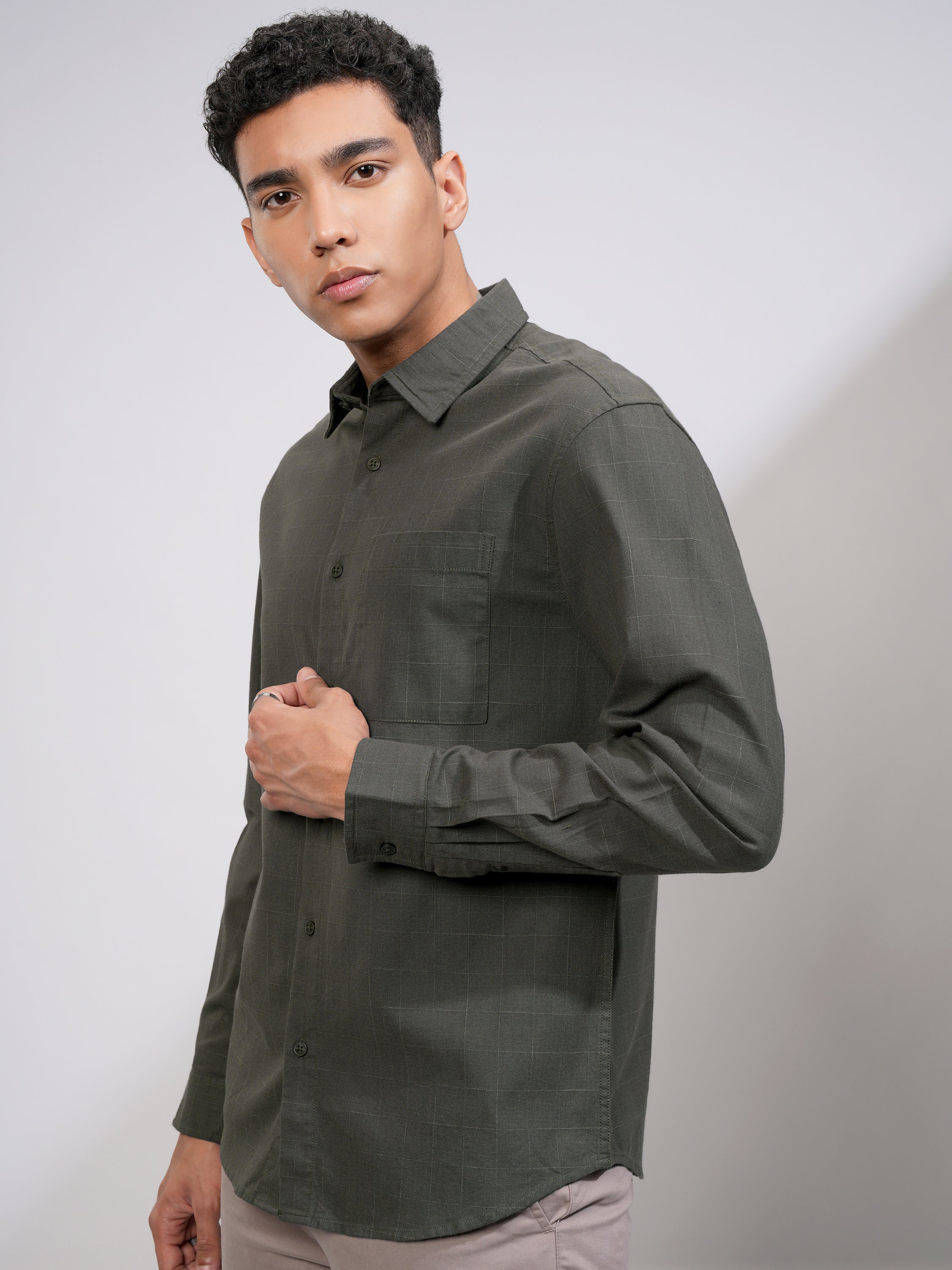Highlander Men Olive Checked Relaxed Fit Casual Shirt - Olive - Image 4
