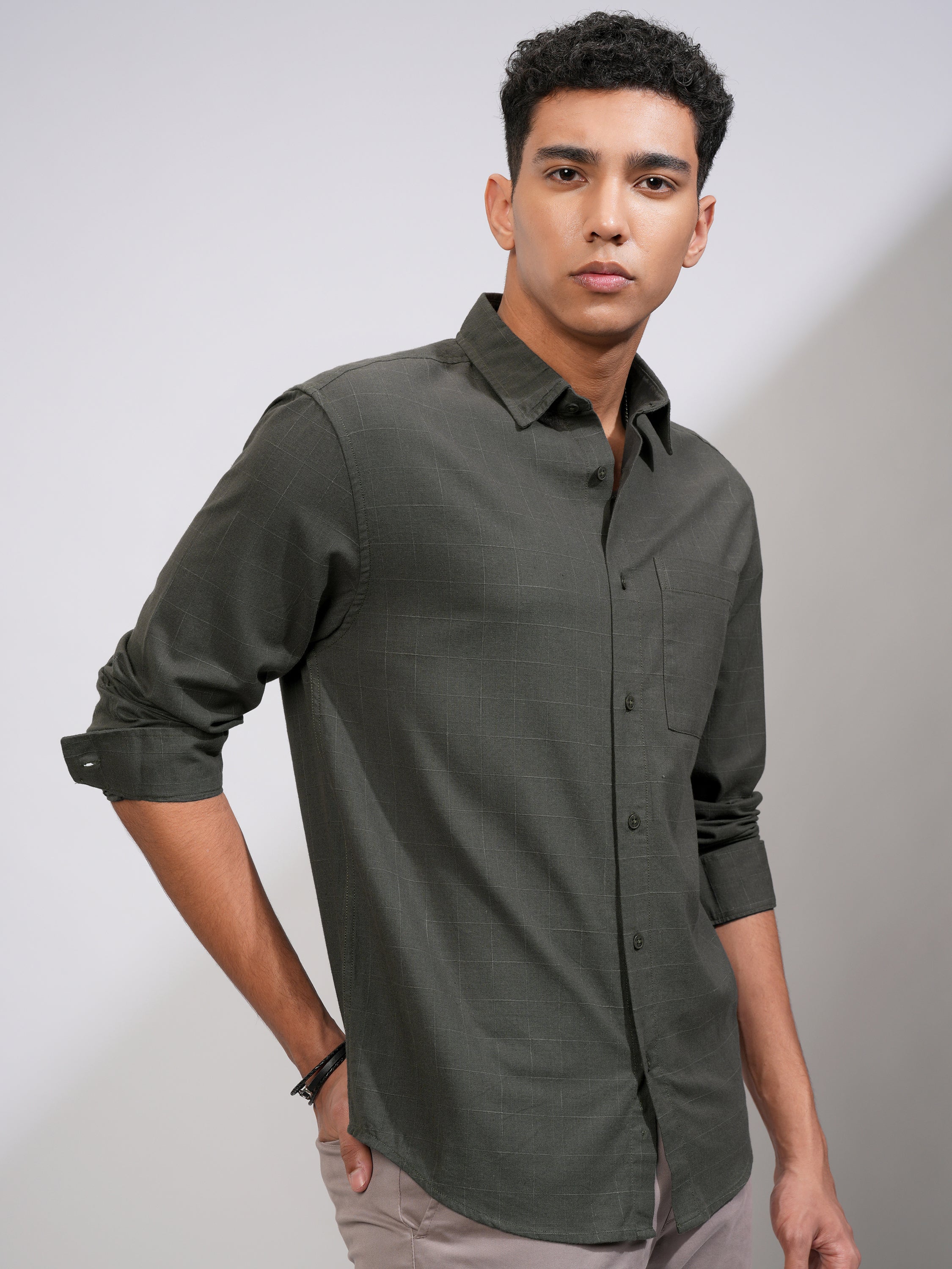 Highlander Men Olive Checked Relaxed Fit Casual Shirt - Olive - Image 6