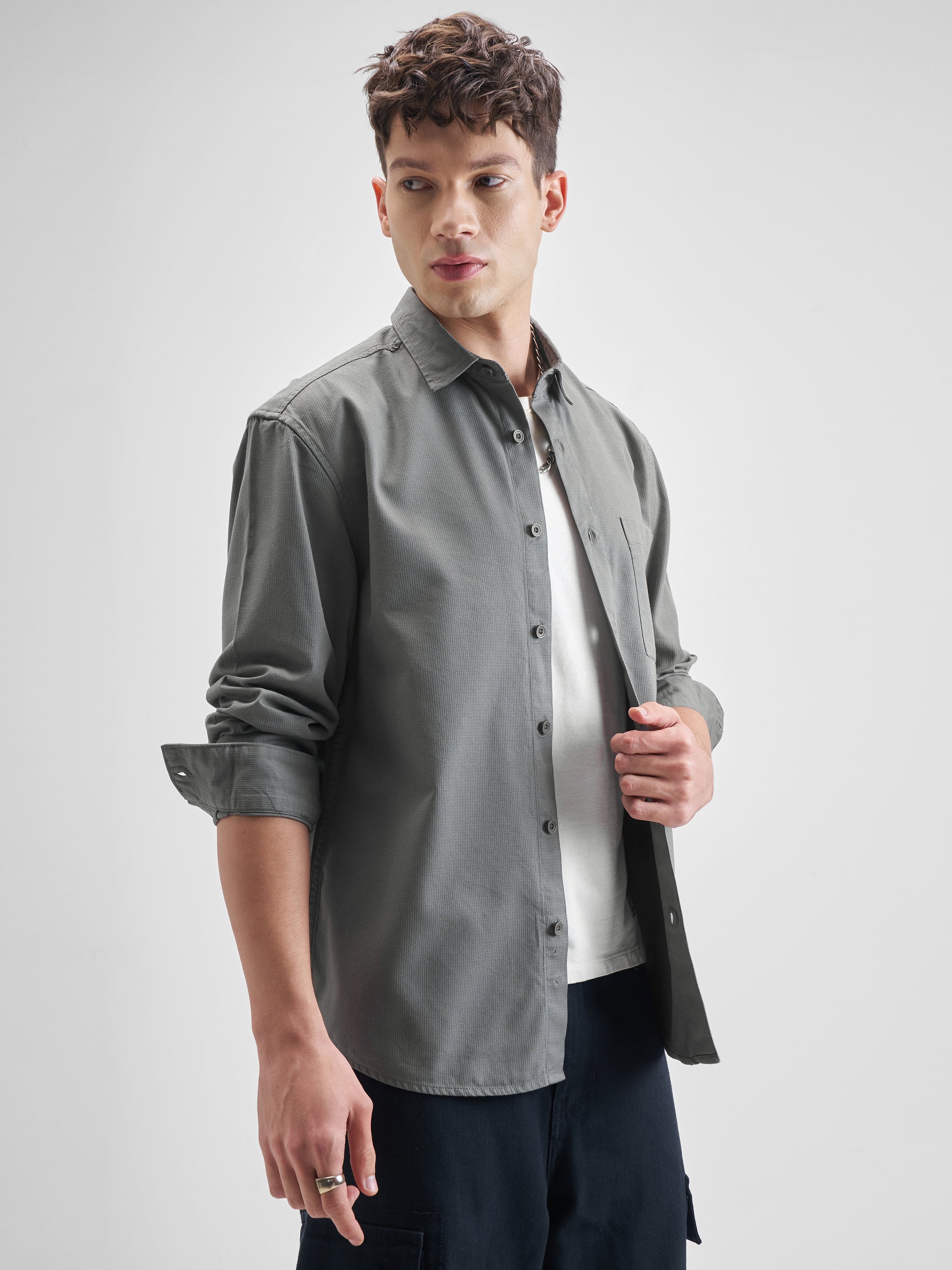 Highlander Men Grey Solid Relaxed Fit Casual Shirt - Grey - Image 6