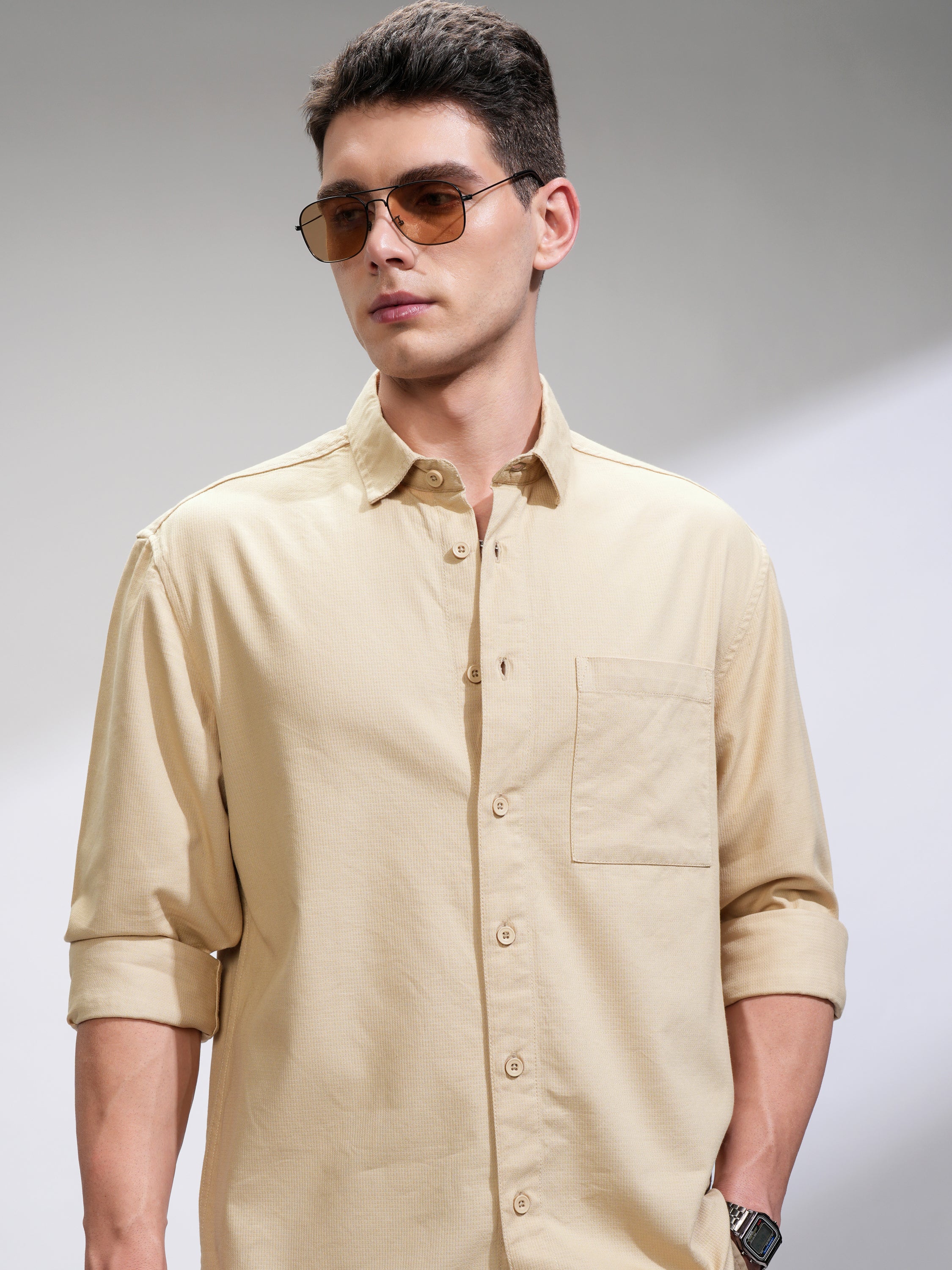 Highlander Men Beige Solid Relaxed Fit Casual Shirt - Beige - Image 1