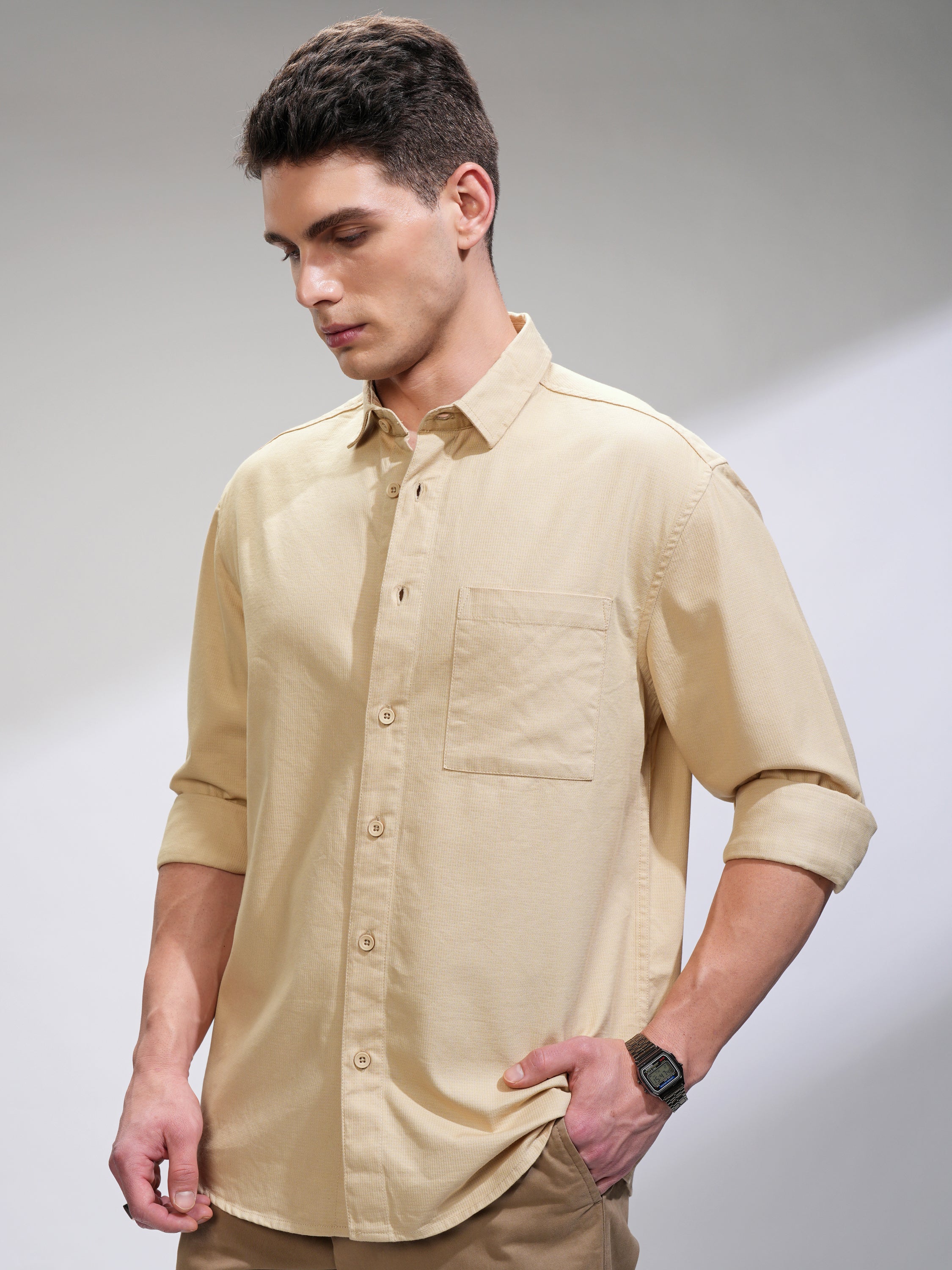 Highlander Men Beige Solid Relaxed Fit Casual Shirt - Beige - Image 4