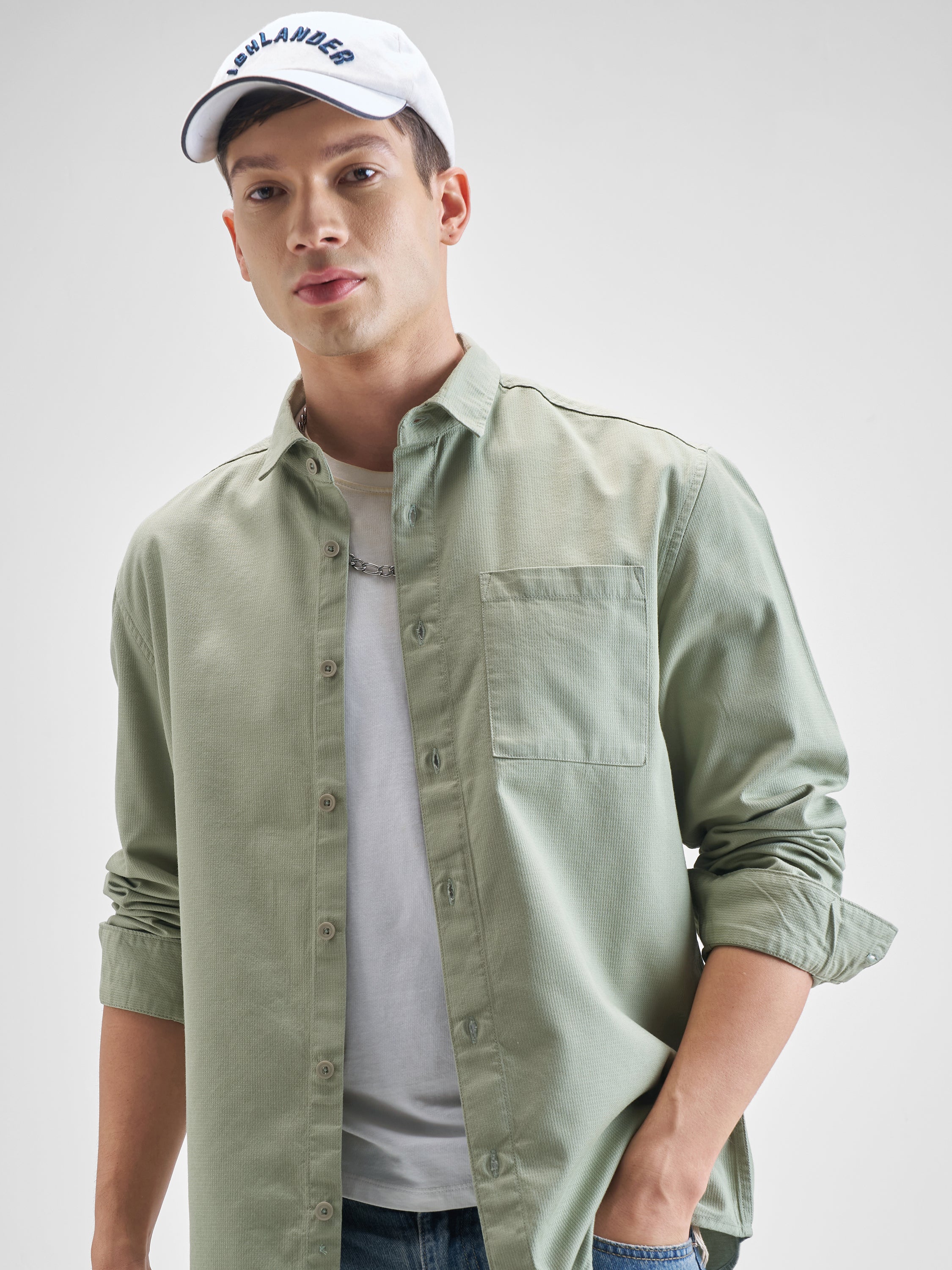 Highlander Men Olive Solid Relaxed Fit Casual Shirt - Olive - Image 1