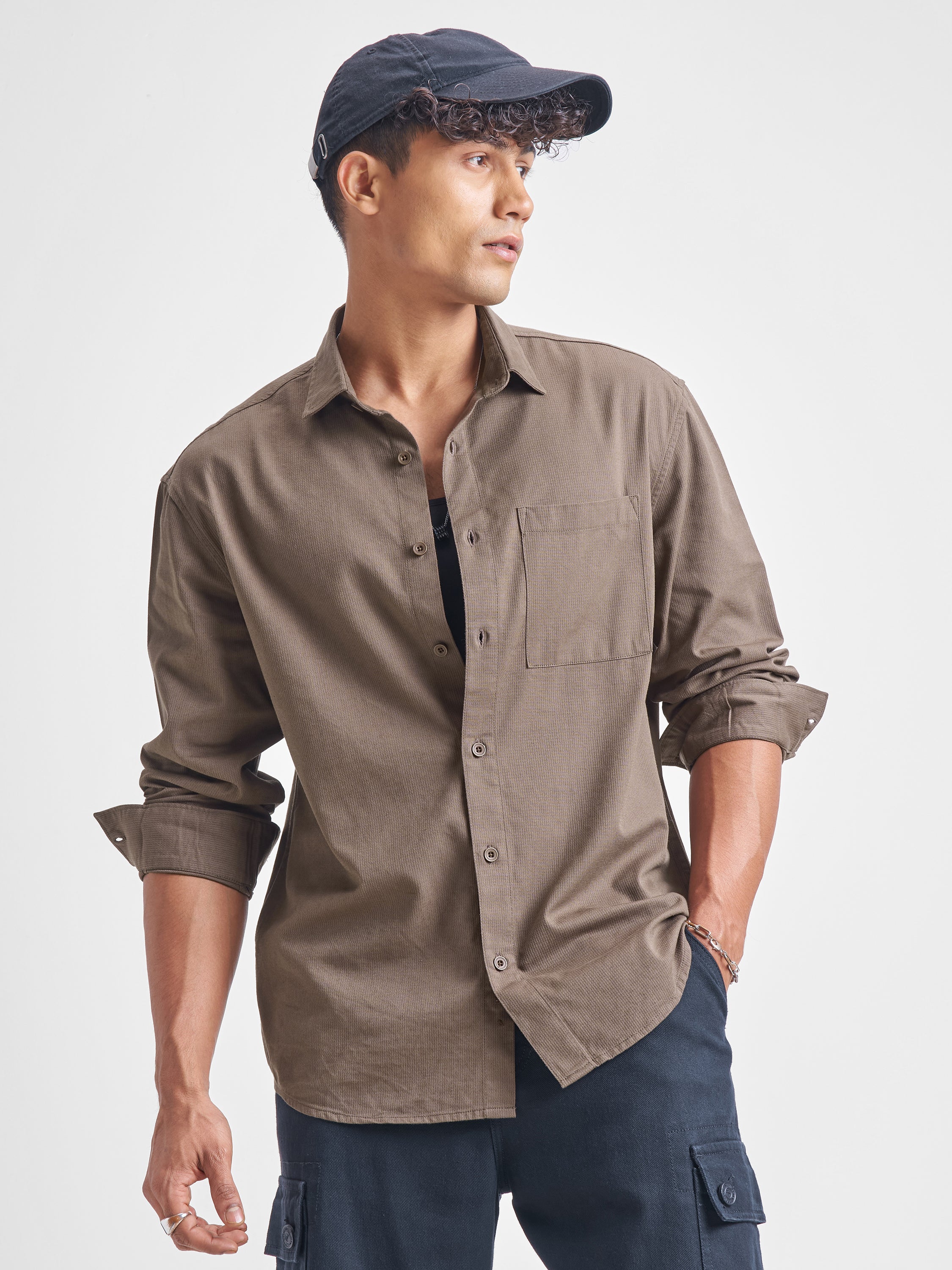 Highlander Men Khaki Self Design Relaxed Fit Casual Shirt - Khaki - Image 1