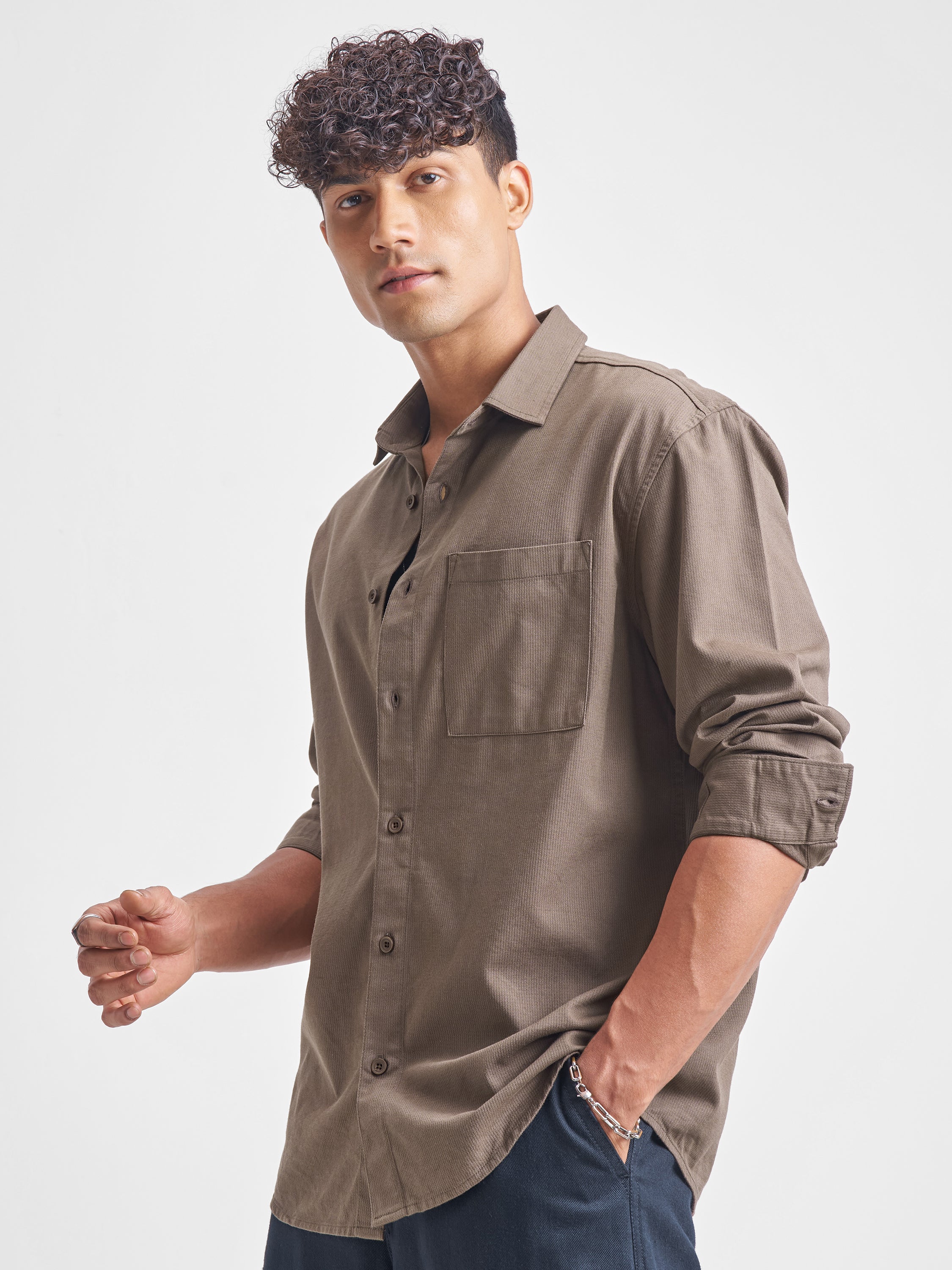 Highlander Men Khaki Self Design Relaxed Fit Casual Shirt - Khaki - Image 4