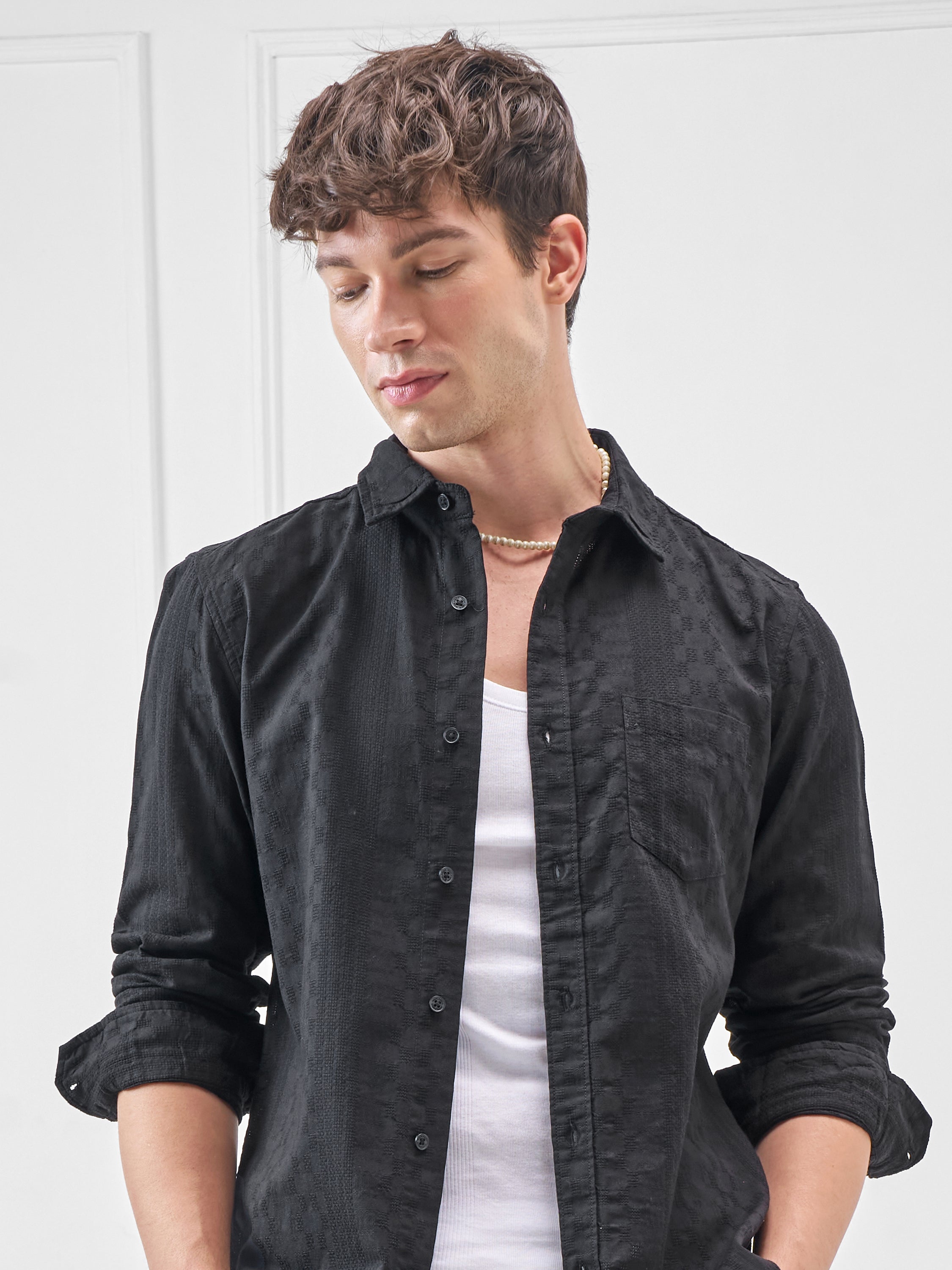 Highlander Men Black Self Design Slim Fit Casual Shirt - Black - Image 1