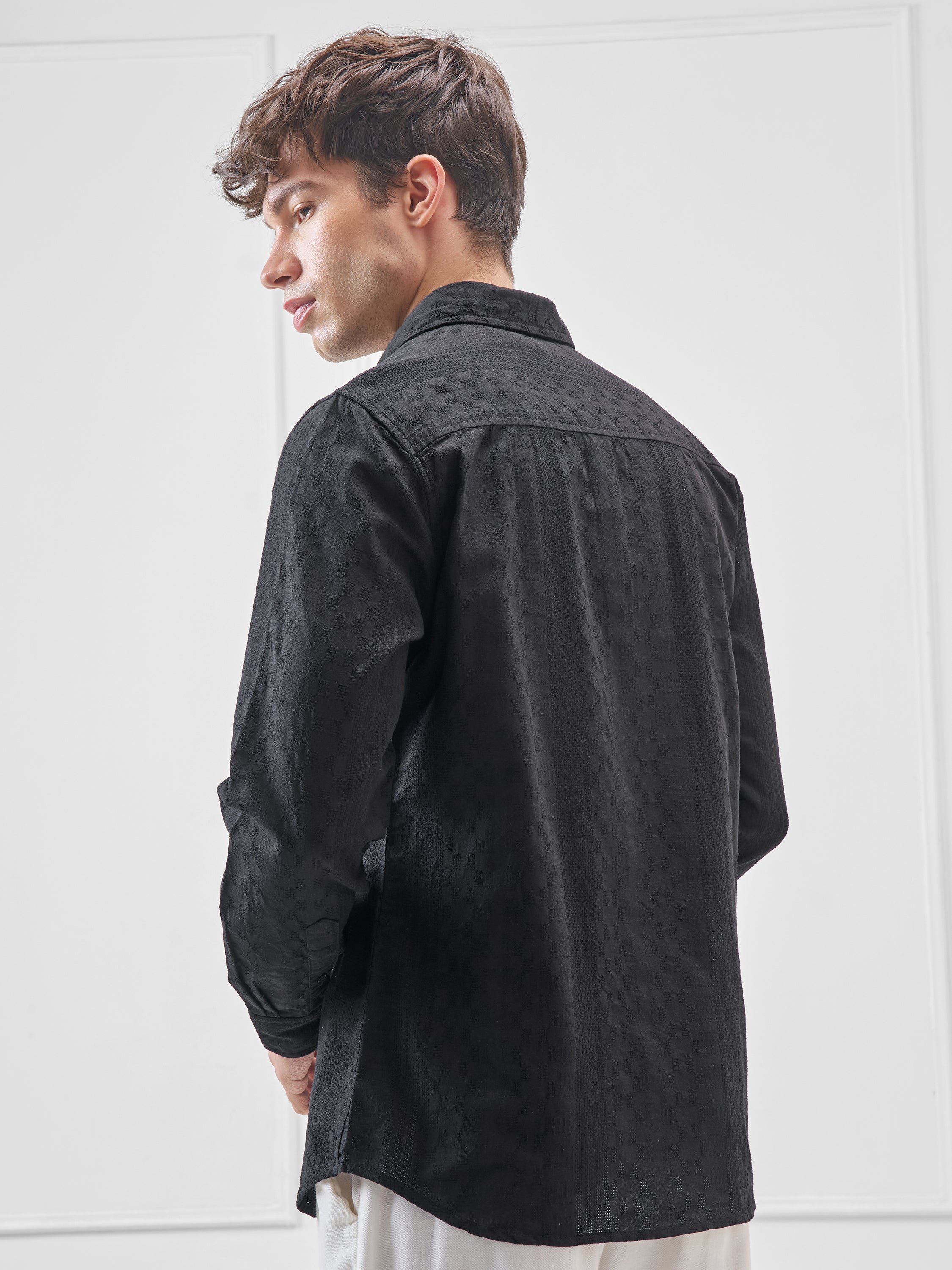 Highlander Men Black Self Design Slim Fit Casual Shirt - Black - Image 3
