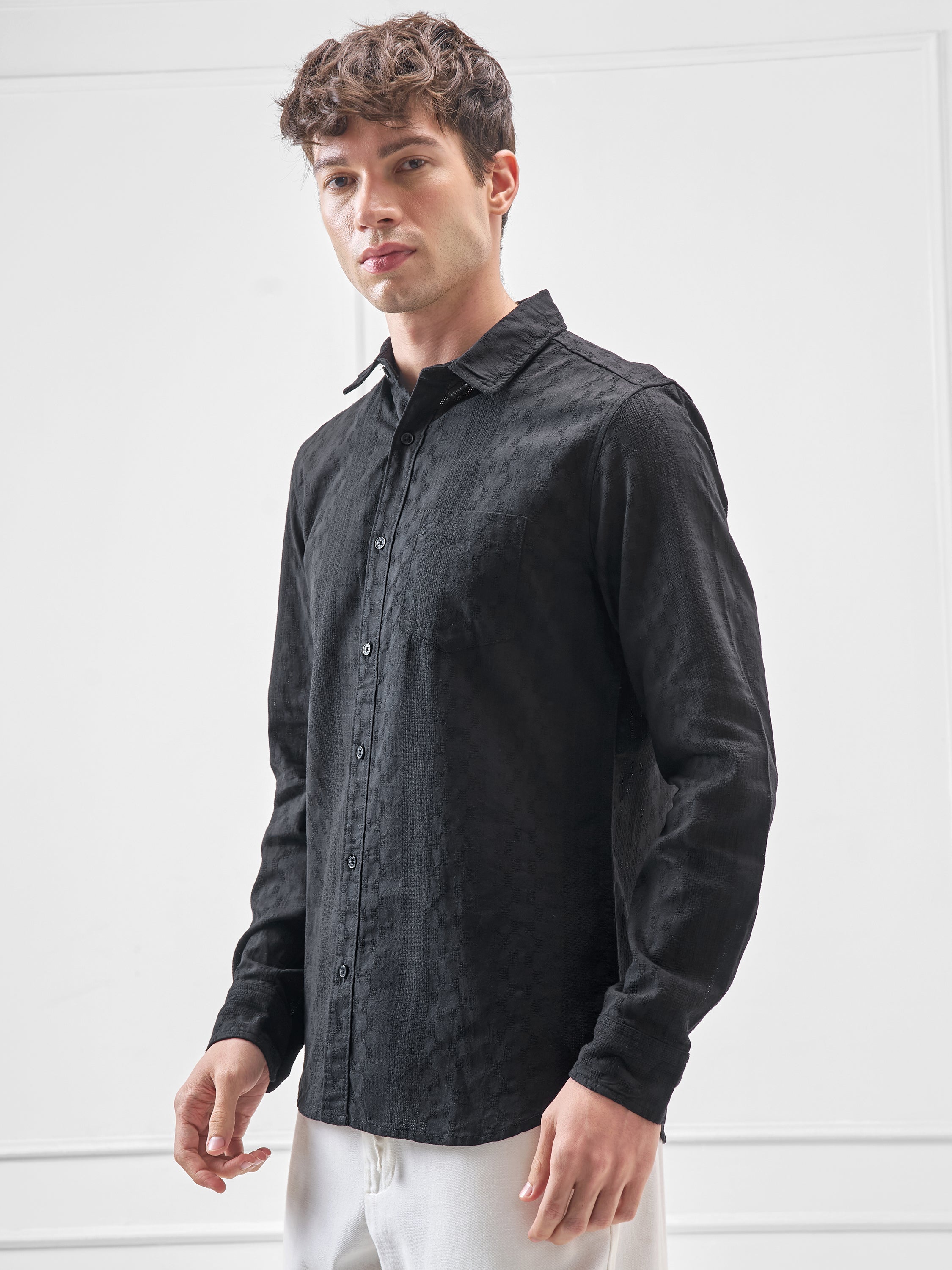 Highlander Men Black Self Design Slim Fit Casual Shirt - Black - Image 4