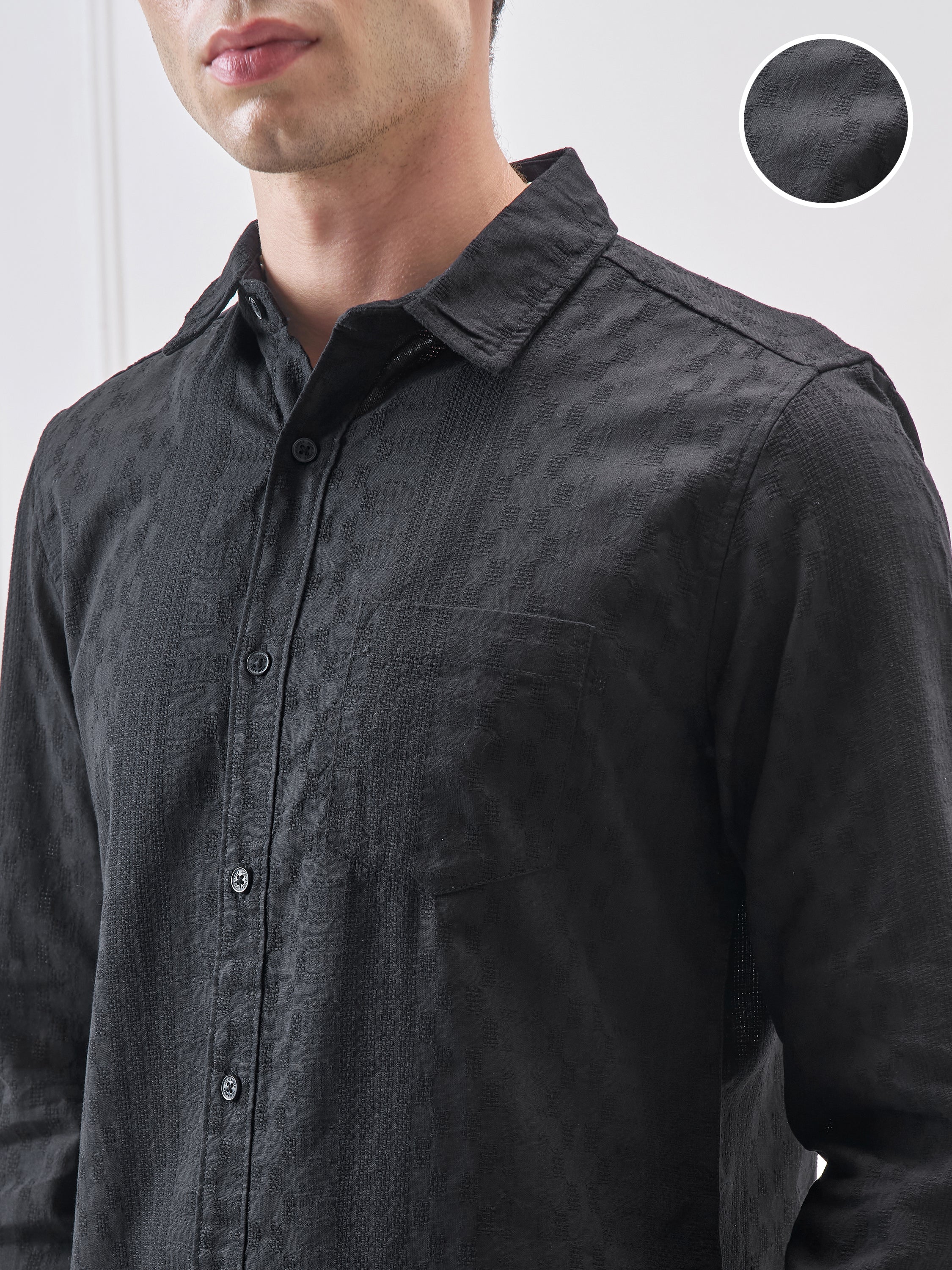 Highlander Men Black Self Design Slim Fit Casual Shirt - Black - Image 5