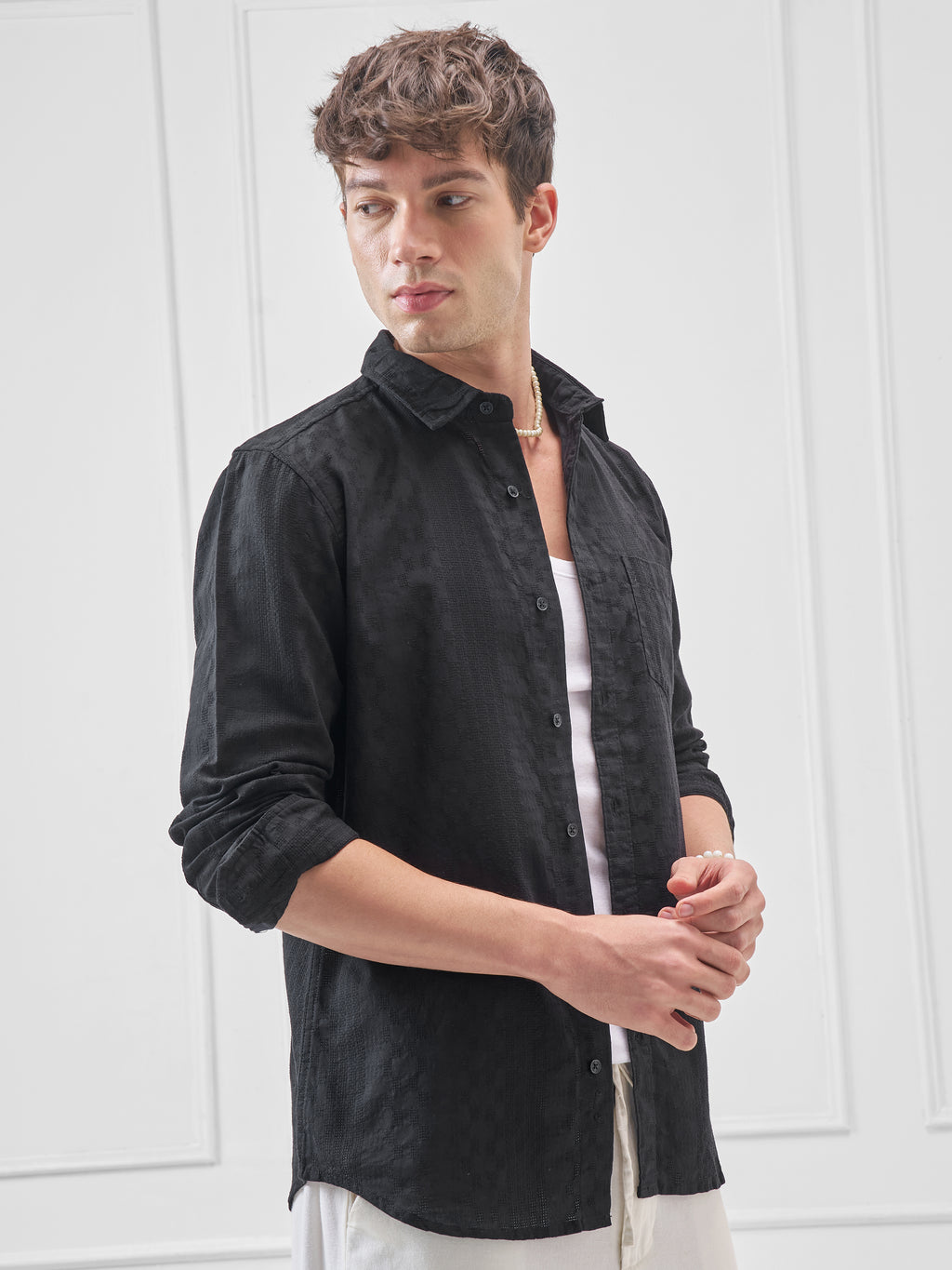 Highlander Men Black Self Design Slim Fit Casual Shirt - Black - Image 6