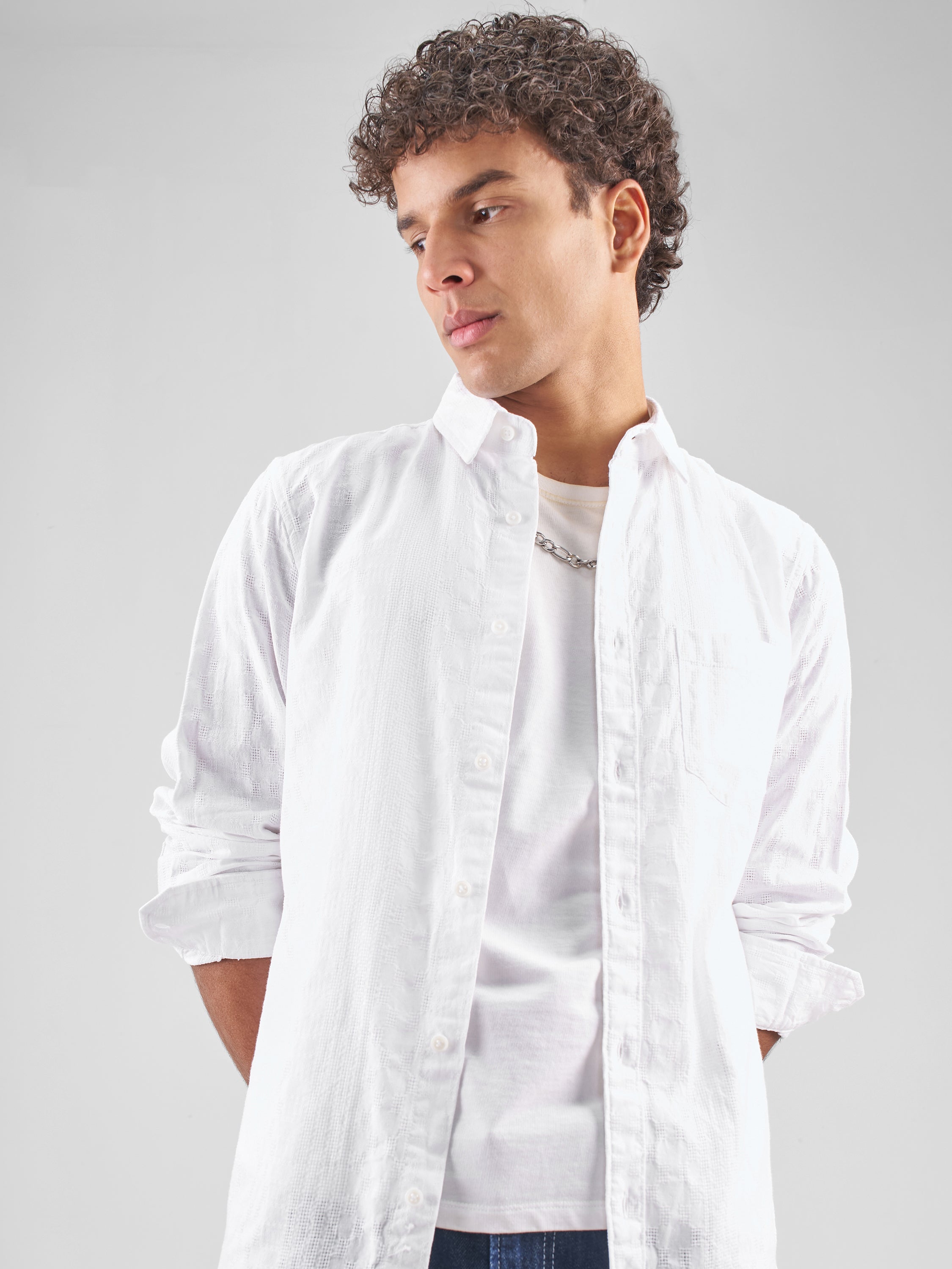 Highlander Men White Self Design Slim Fit Casual Shirt - White - Image 1