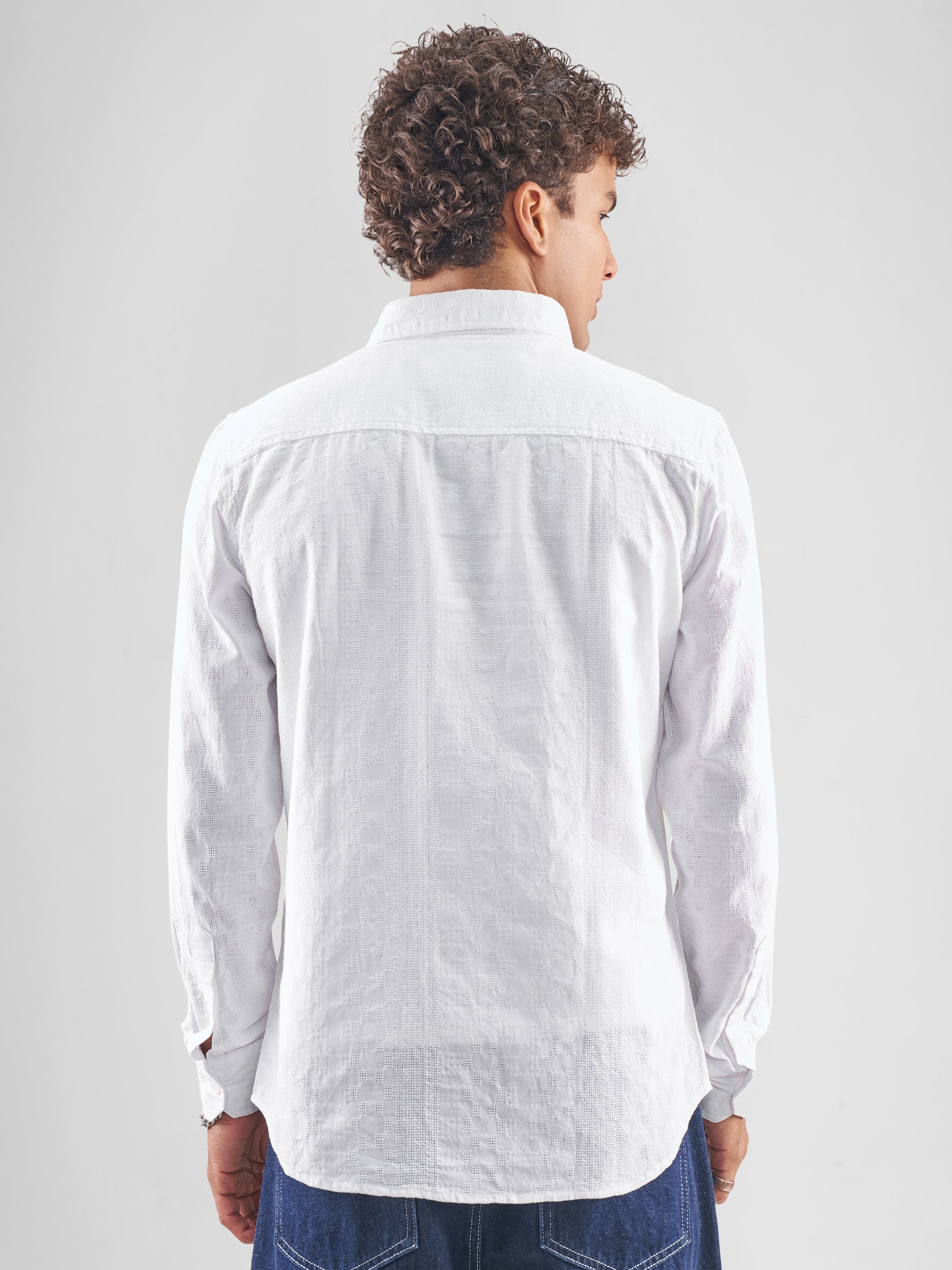 Highlander Men White Self Design Slim Fit Casual Shirt - White - Image 3