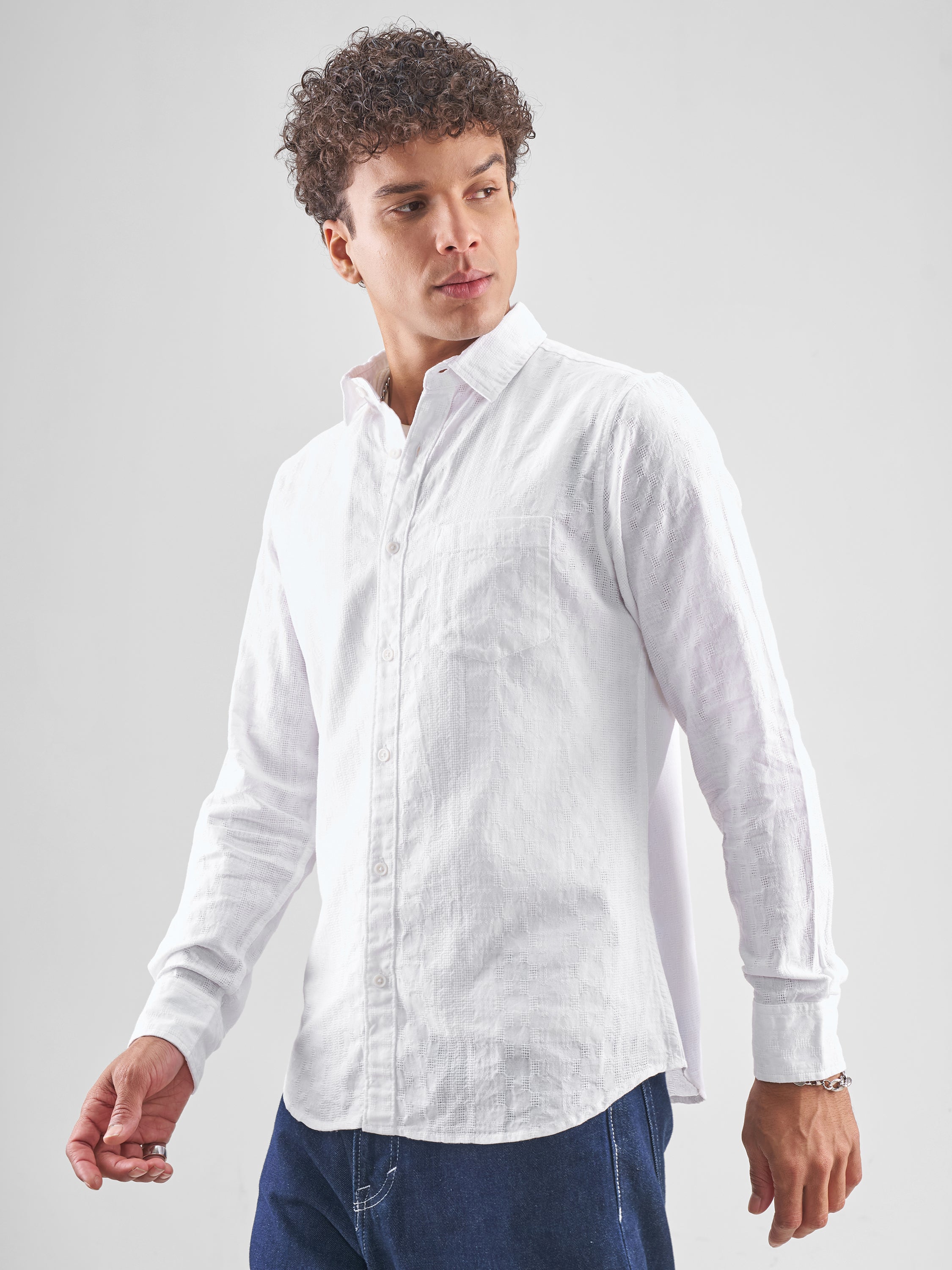 Highlander Men White Self Design Slim Fit Casual Shirt - White - Image 4