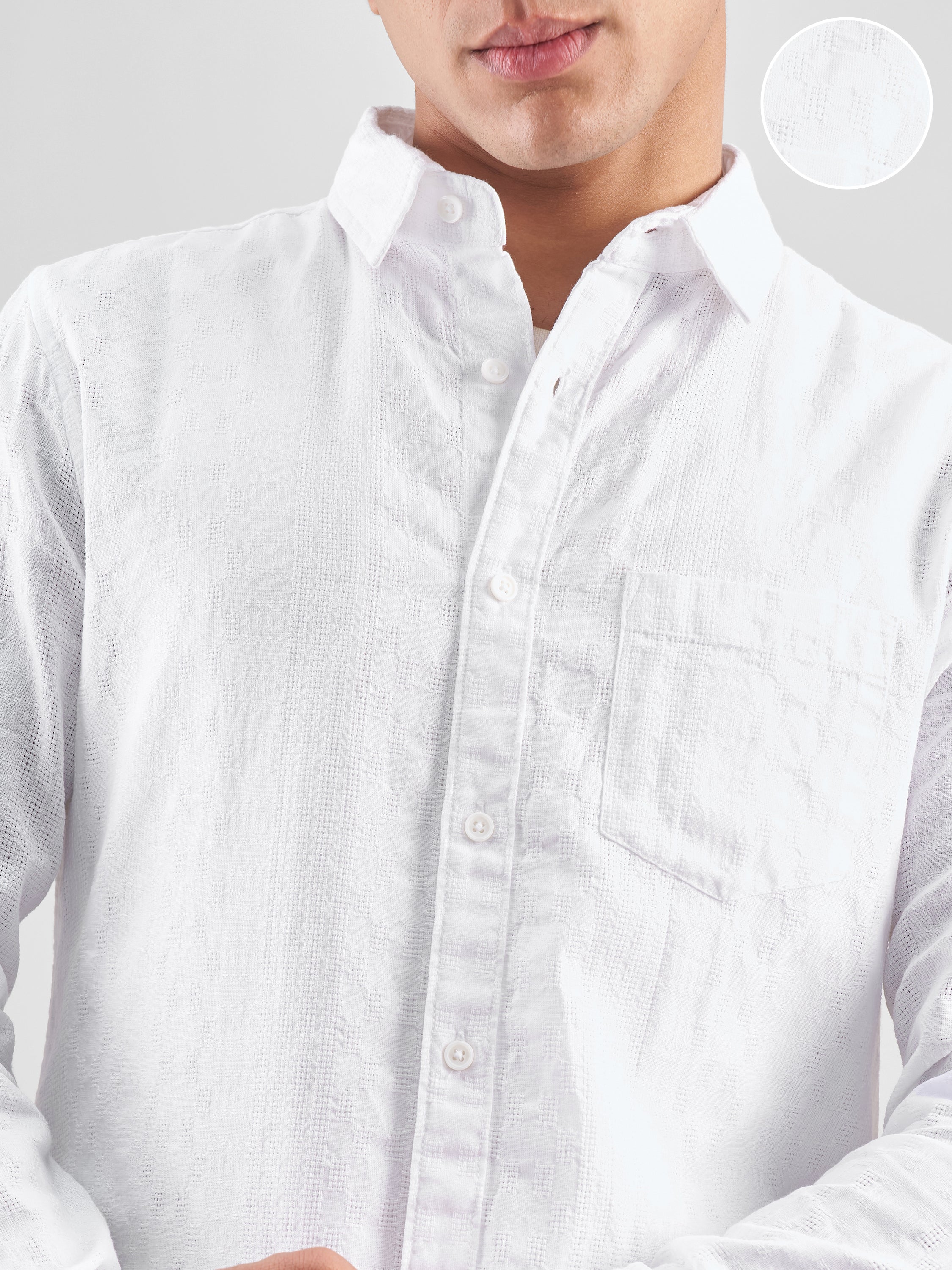 Highlander Men White Self Design Slim Fit Casual Shirt - White - Image 5