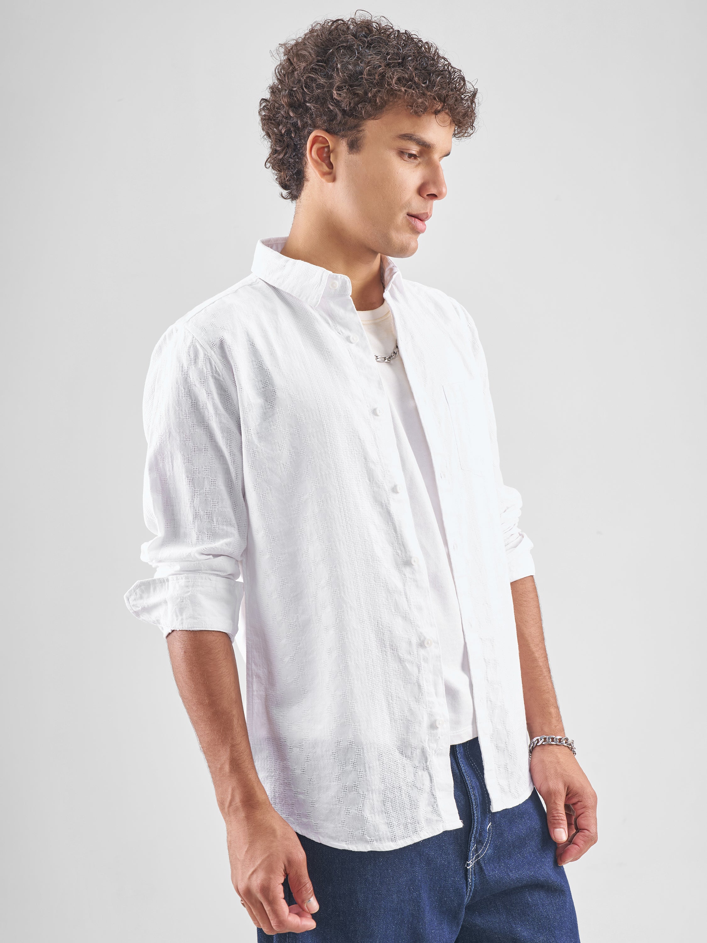 Highlander Men White Self Design Slim Fit Casual Shirt - White - Image 6