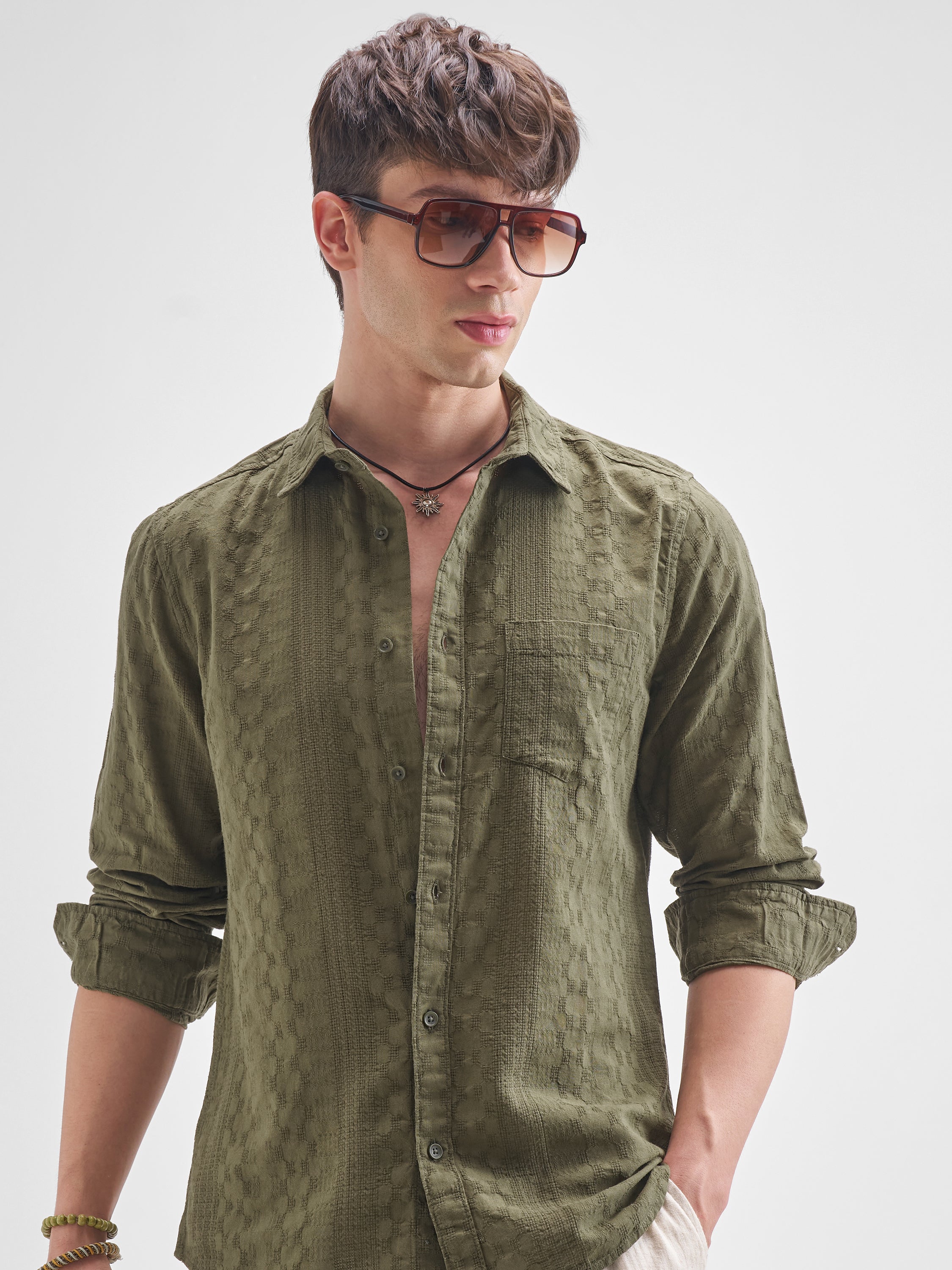 Highlander Men Olive Self Design Slim Fit Casual Shirt - Olive - Image 1