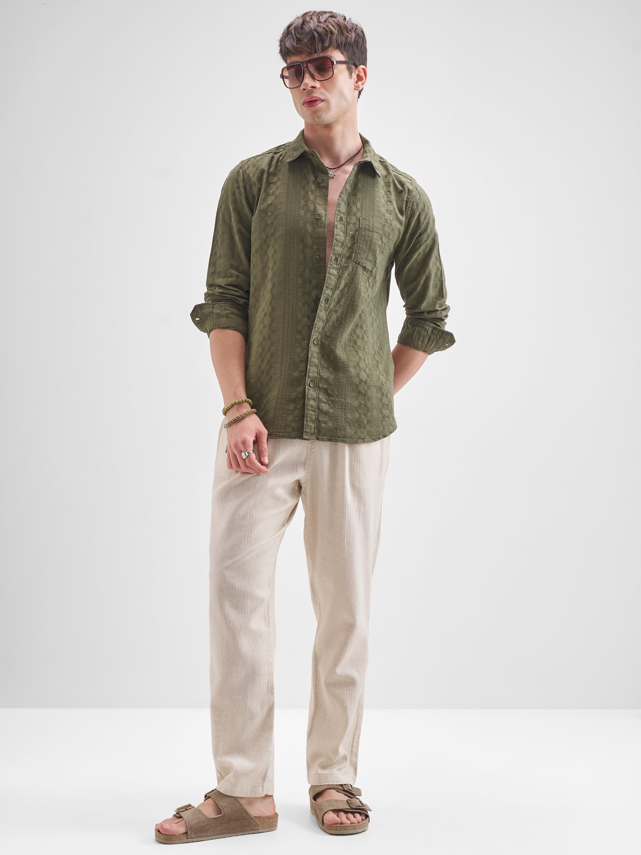 Highlander Men Olive Self Design Slim Fit Casual Shirt - Olive - Image 2