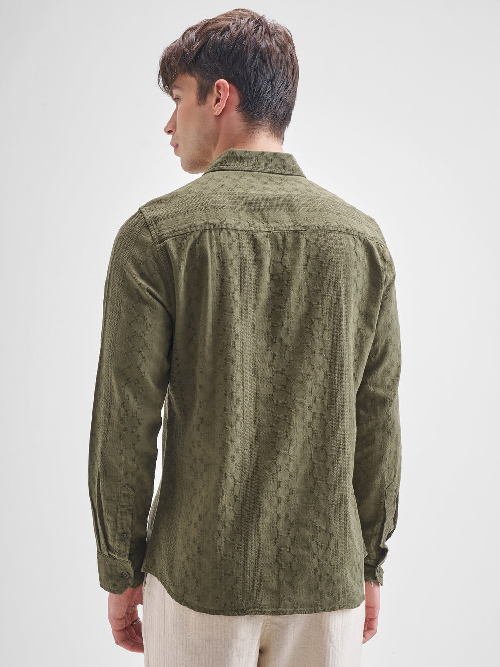 Highlander Men Olive Self Design Slim Fit Casual Shirt - Olive - Image 3
