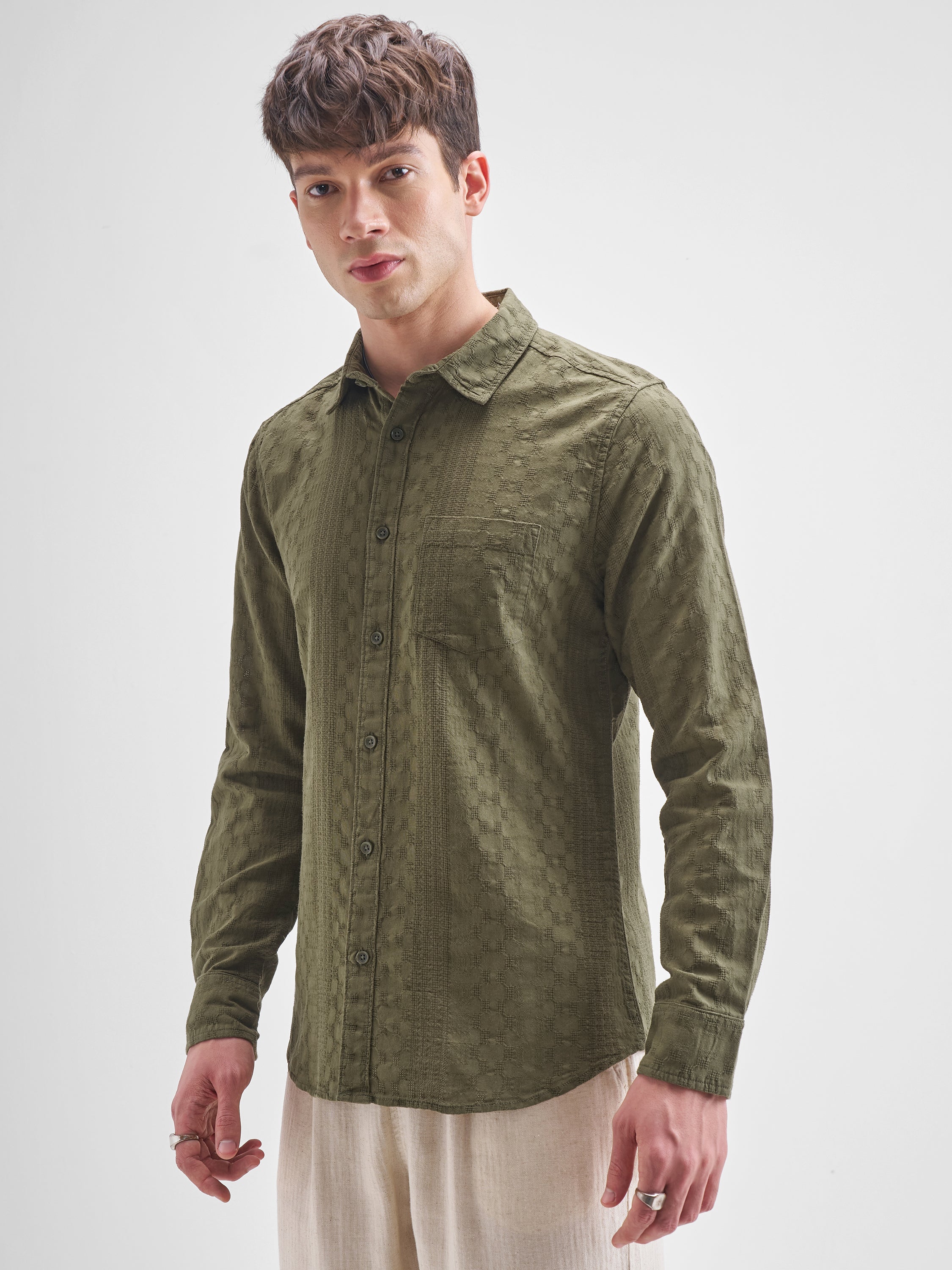 Highlander Men Olive Self Design Slim Fit Casual Shirt - Olive - Image 4