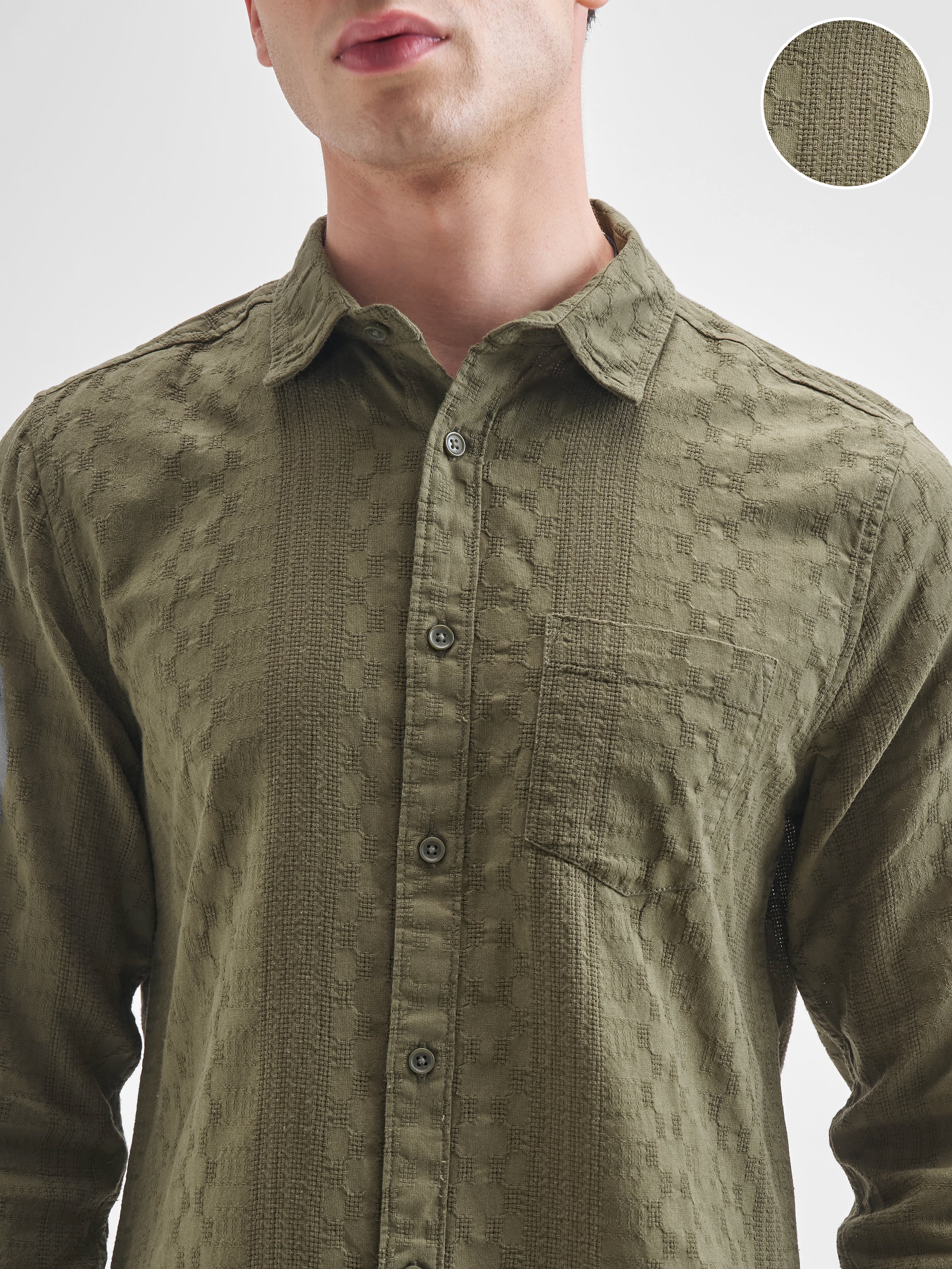 Highlander Men Olive Self Design Slim Fit Casual Shirt - Olive - Image 5