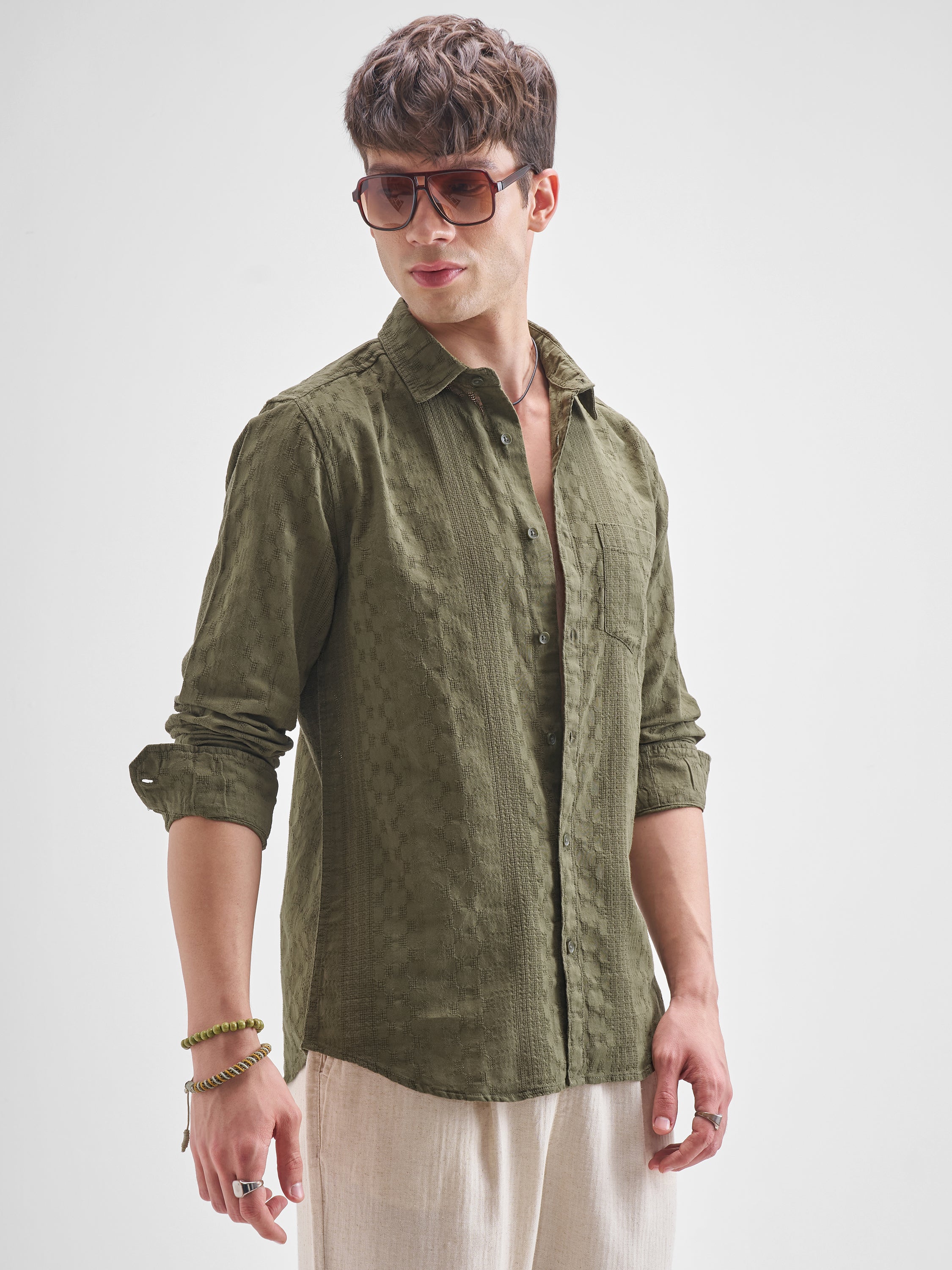 Highlander Men Olive Self Design Slim Fit Casual Shirt - Olive - Image 6