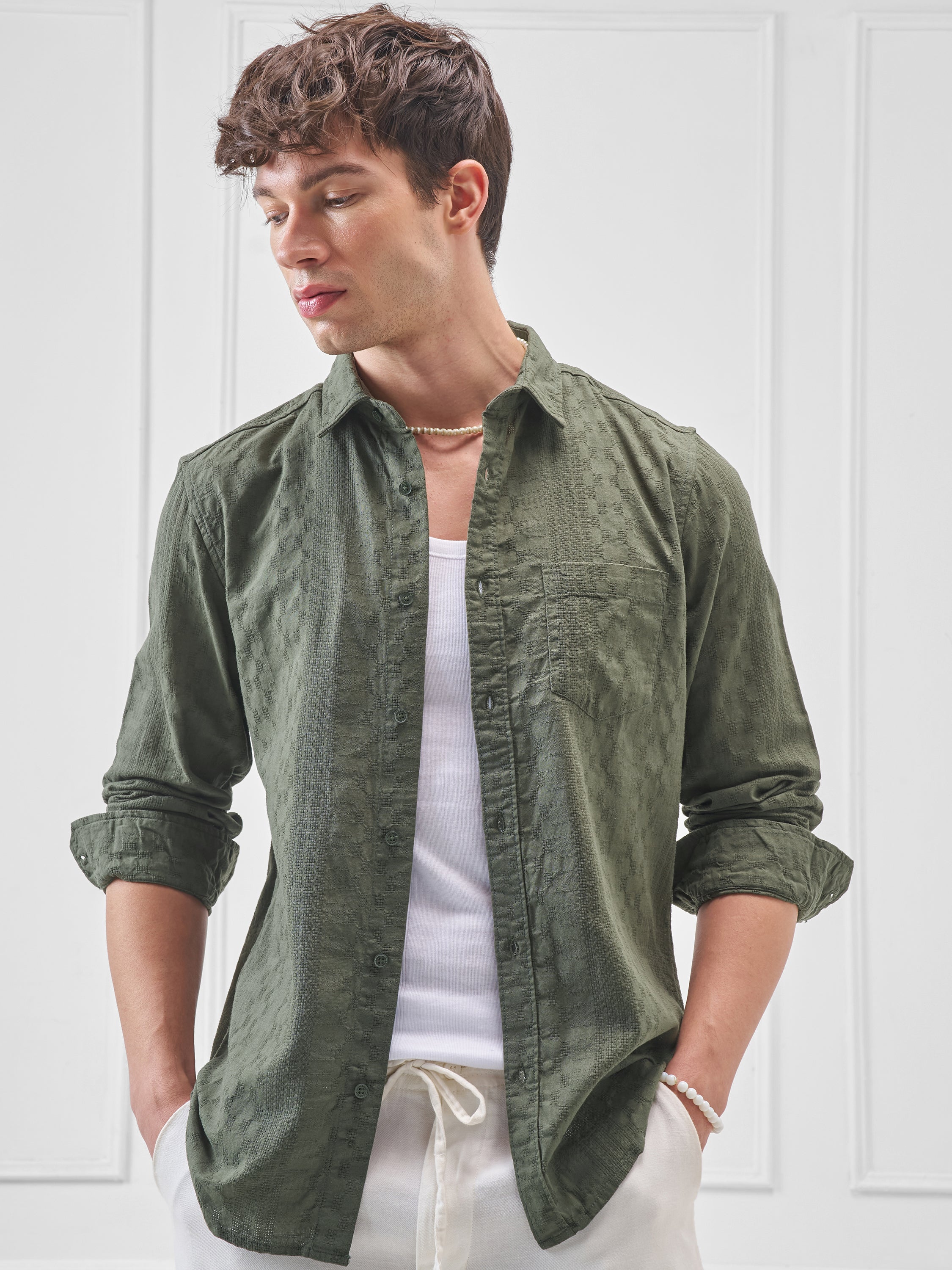 Highlander Men Green Self Design Slim Fit Casual Shirt - Green - Image 1