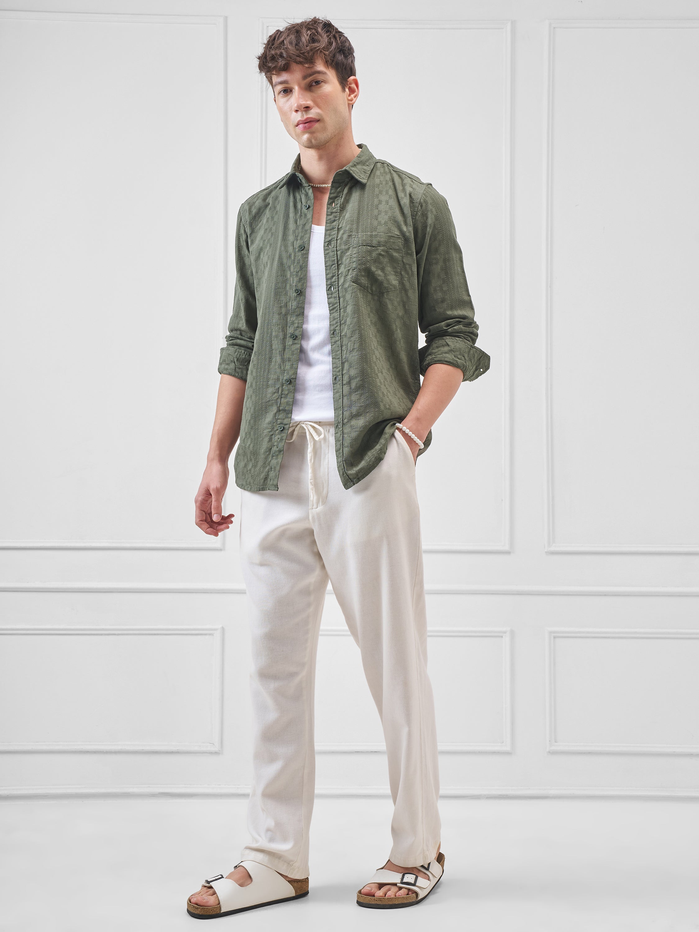 Highlander Men Green Self Design Slim Fit Casual Shirt - Green - Image 2