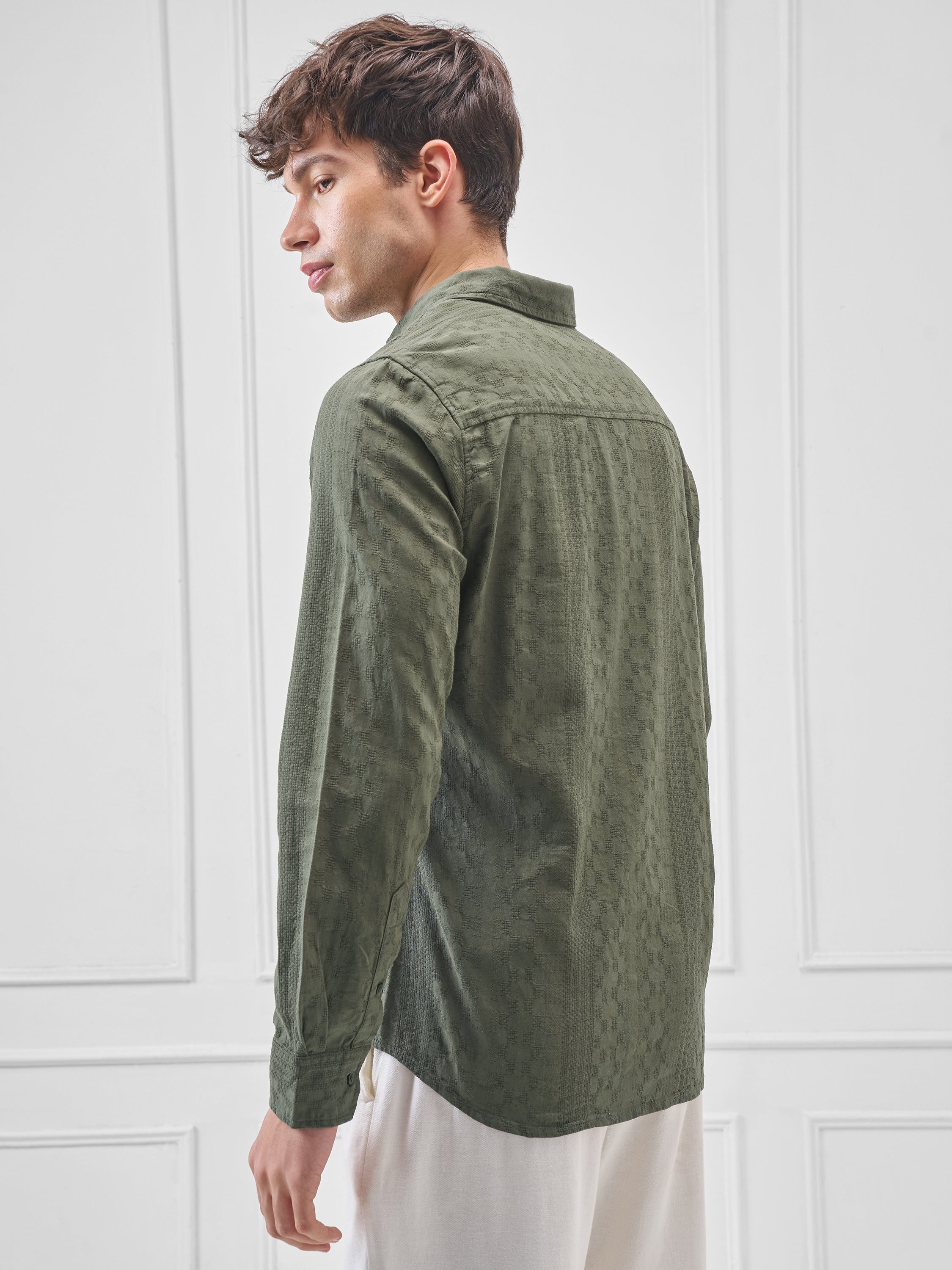 Highlander Men Green Self Design Slim Fit Casual Shirt - Green - Image 3