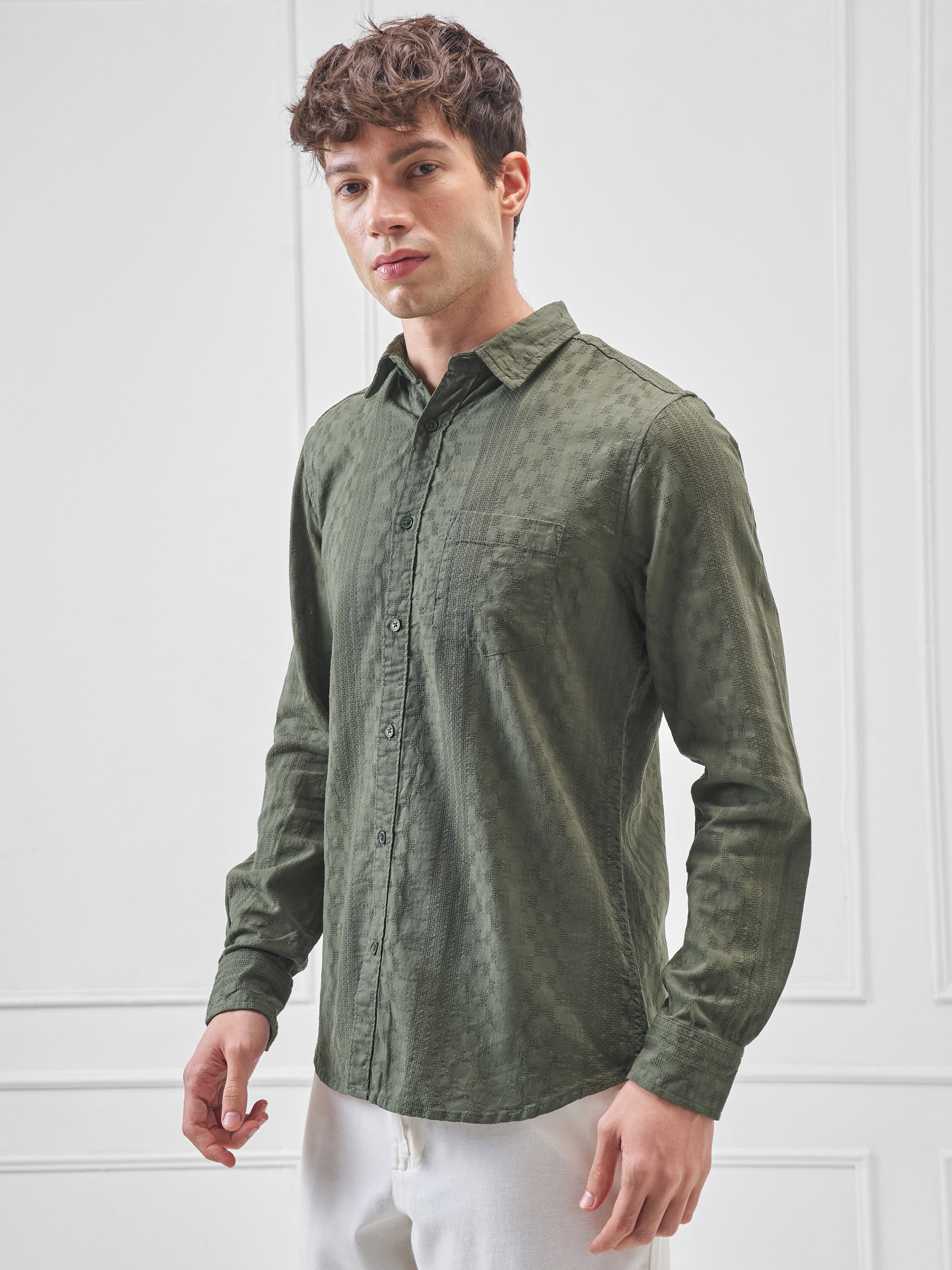 Highlander Men Green Self Design Slim Fit Casual Shirt - Green - Image 4