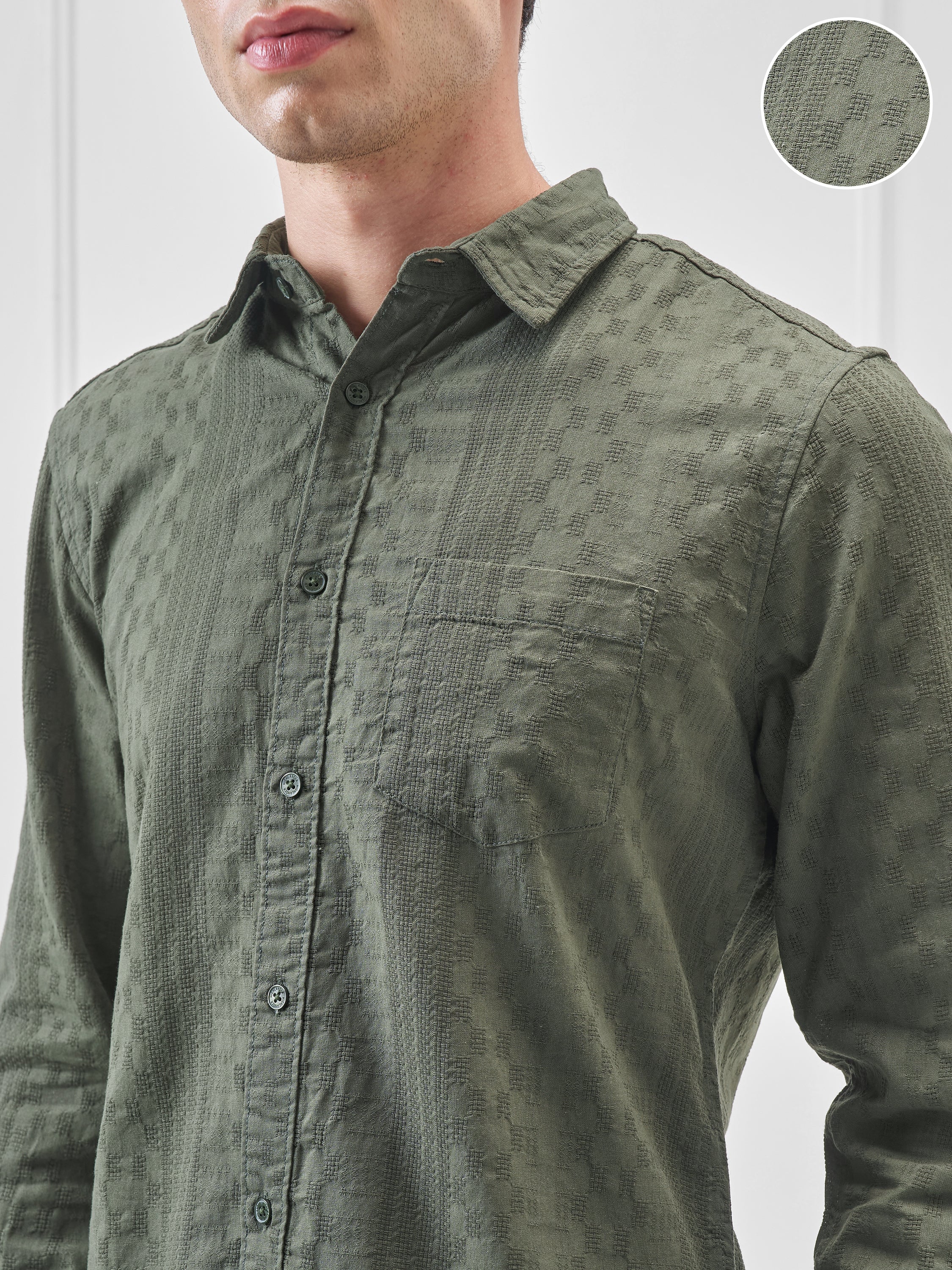 Highlander Men Green Self Design Slim Fit Casual Shirt - Green - Image 5