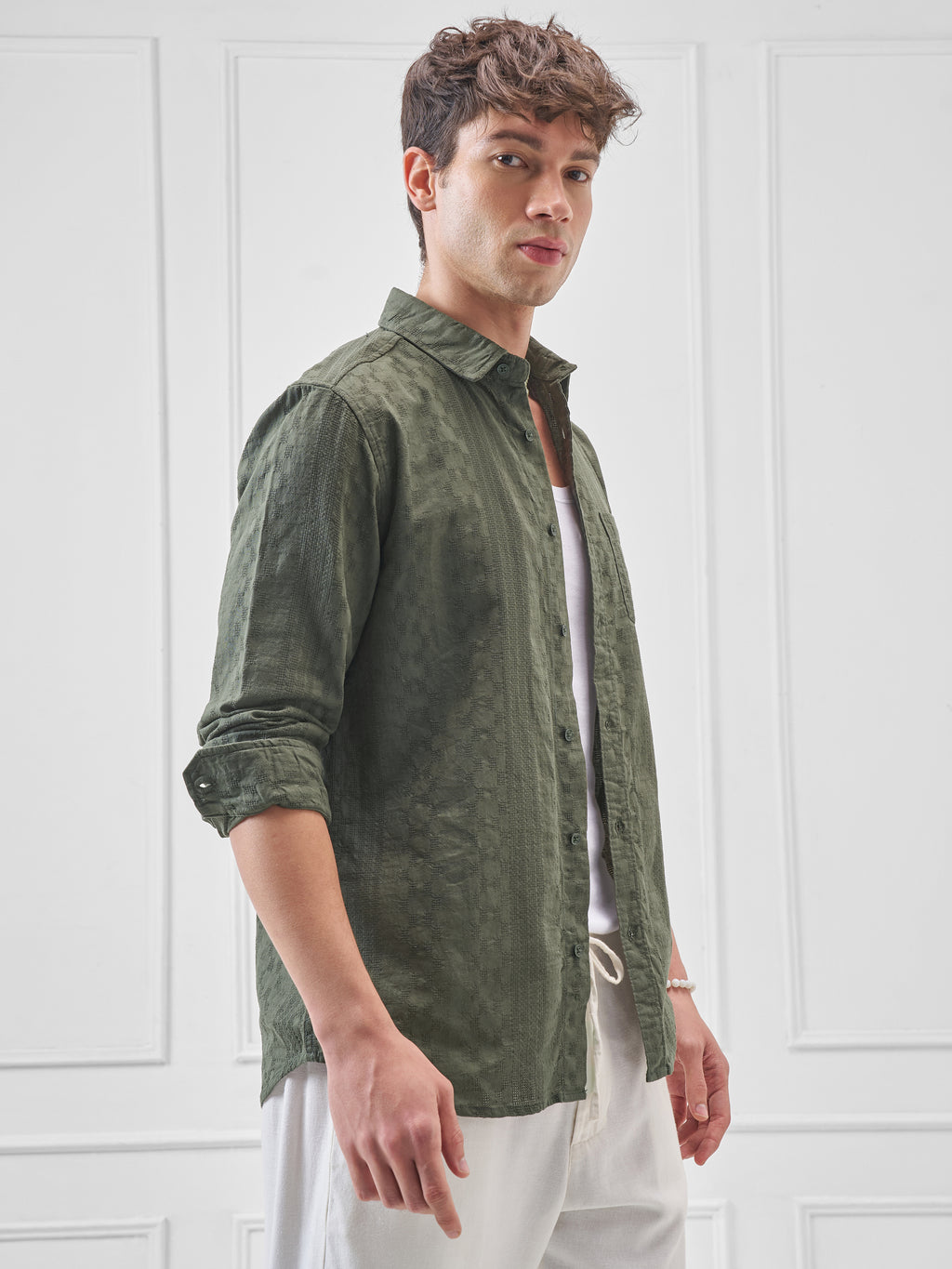 Highlander Men Green Self Design Slim Fit Casual Shirt - Green - Image 6