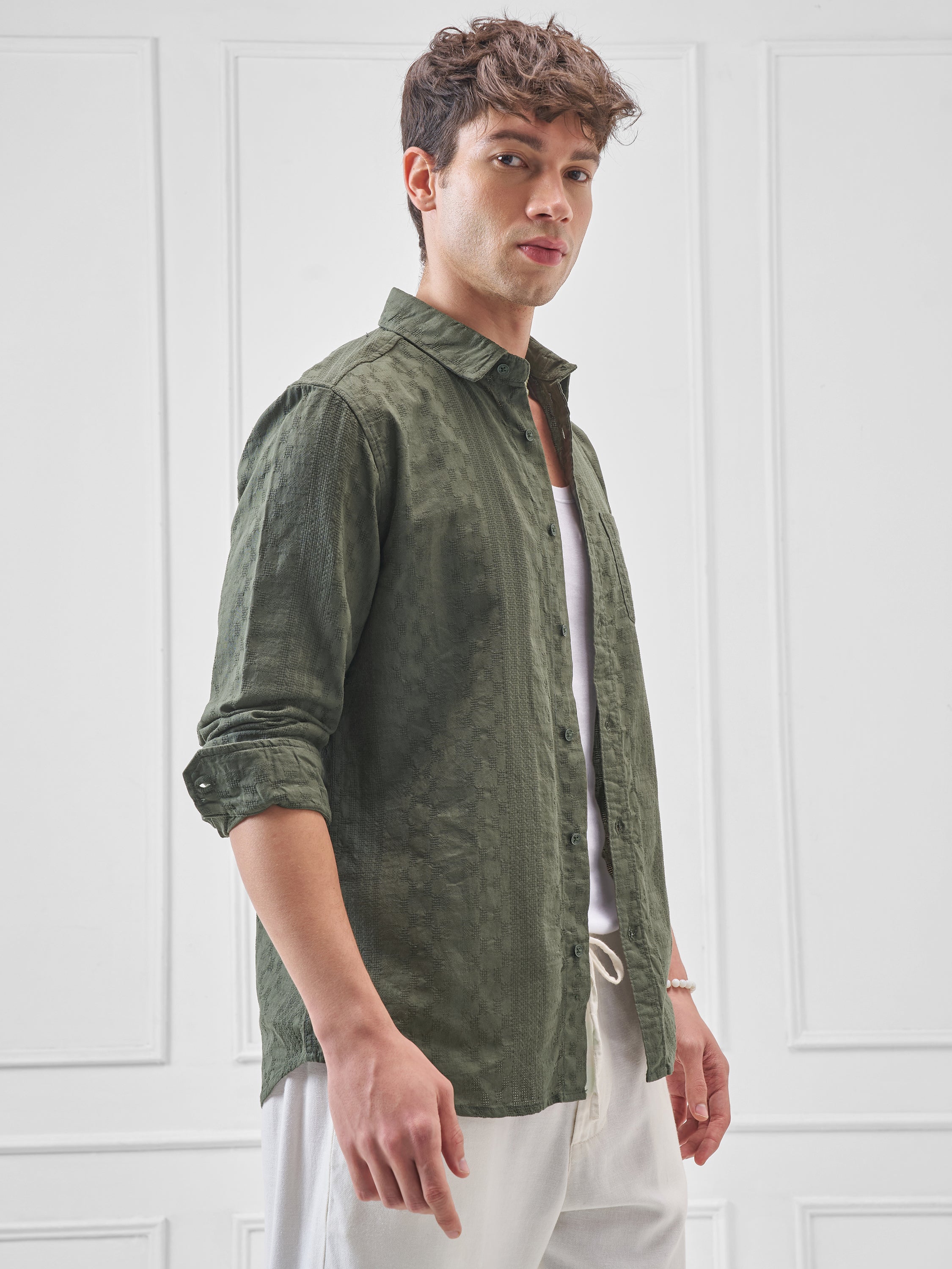 Highlander Men Green Self Design Slim Fit Casual Shirt - Green - Image 6