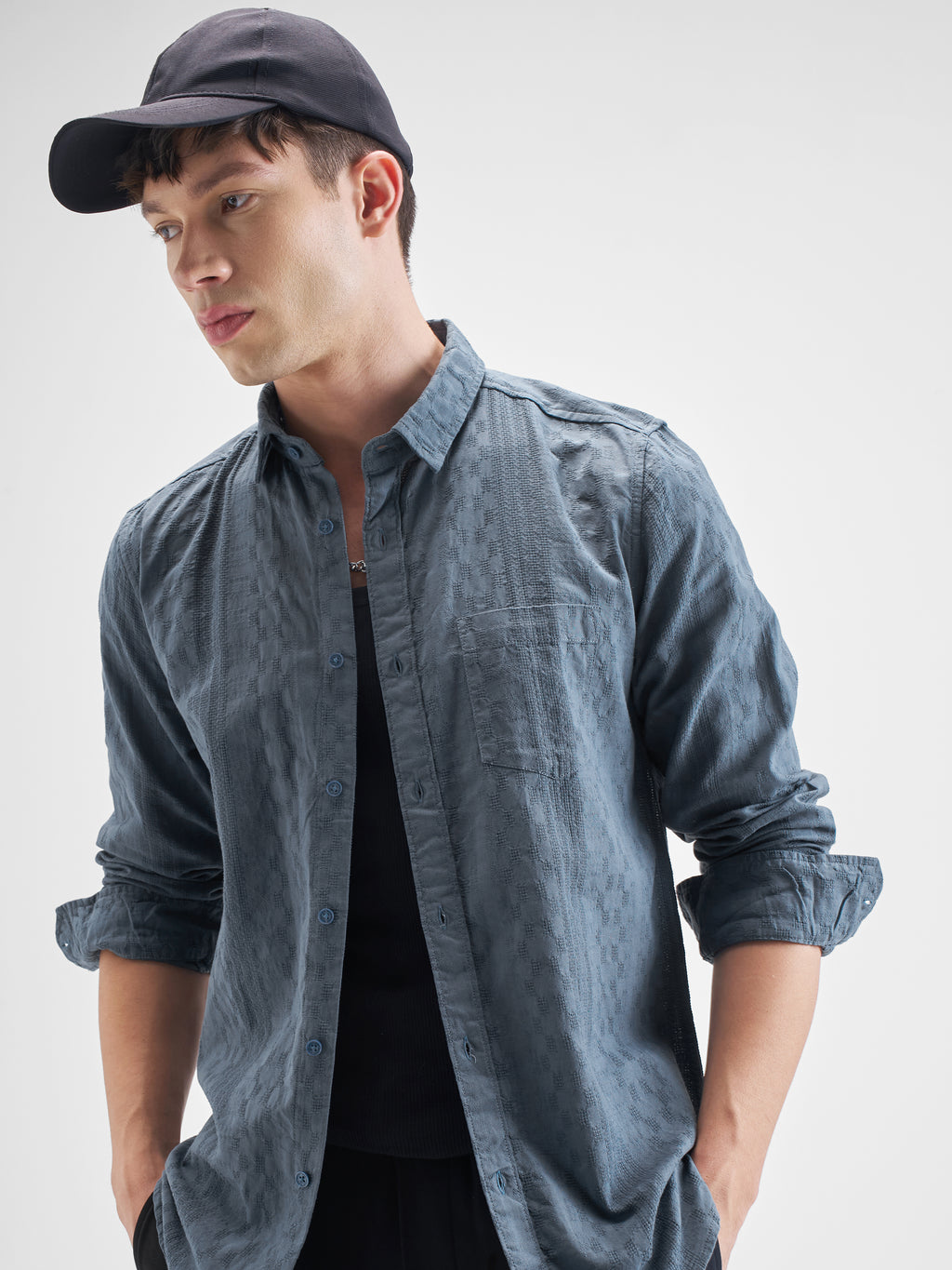 Highlander Men Blue Self Design Slim Fit Casual Shirt - Blue - Image 1