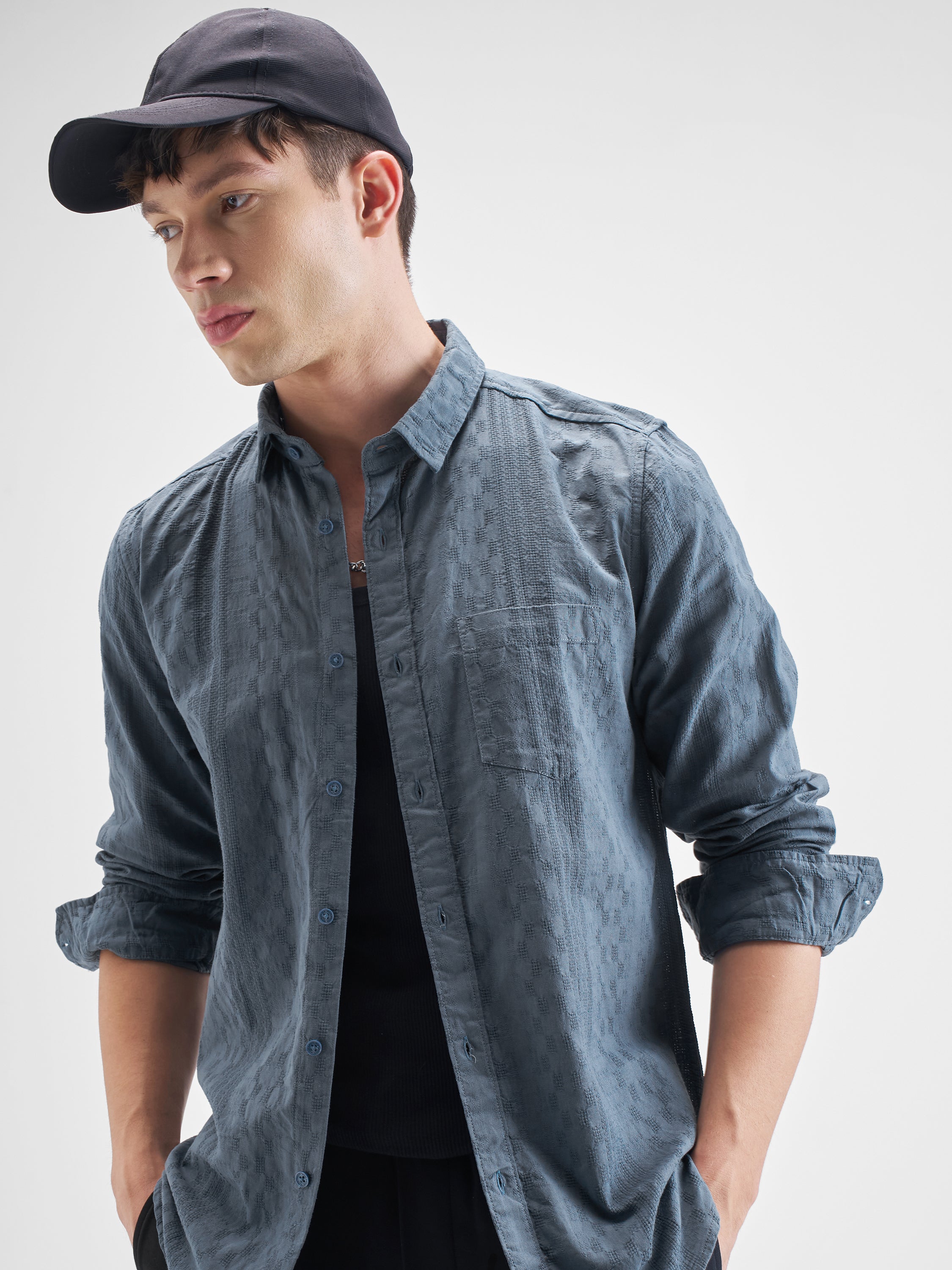 Highlander Men Blue Self Design Slim Fit Casual Shirt - Blue - Image 1